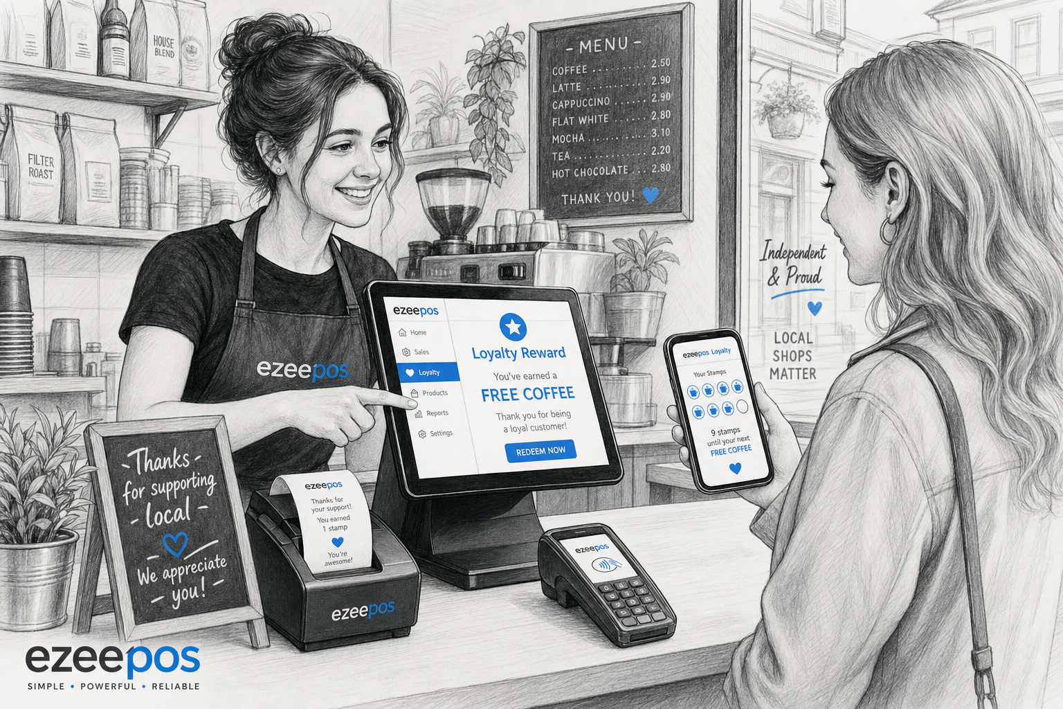 How Customer Loyalty Can Help Independent Cafes, Shops and Takeaways Bring People Back. Create a detailed black-and-white pencil and ink editorial blog illustration of a warm, modern UK cafe or small shop counter where a staff member is serving a returning customer and showing a simple digital loyalty reward on a touchscreen EPOS terminal, with a smartphone in the customer’s hand displaying a loyalty stamp or points screen. Include a receipt printer and a compact card terminal nearby, with subtle blue accent details only on the loyalty interface, screen elements, and small branding highlights. The setting should feel realistic and professional, with clean counter space, natural lighting, shallow depth of field, friendly service, and a practical independent business atmosphere. The technology should be the clear focus, styled like a premium WordPress featured image for ezeepos, with clean hand-drawn linework, light shading, and no photorealism, no cartoon style, no cluttered background, and no unrelated objects.