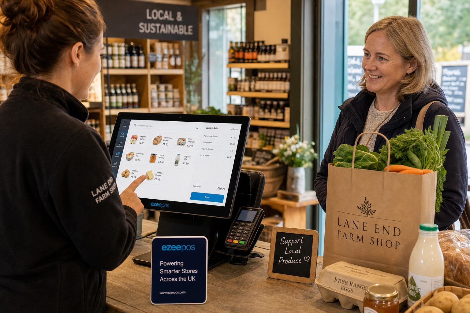 How Modern EPOS Helps Farm Shops Handle Busy Counters More Smoothly, photorealistic commercial photography of a warm, modern UK farm shop counter during a busy trading period, with a friendly staff member using a clean touchscreen EPOS terminal to look up mixed products while a customer waits with fresh produce and locally made goods on the counter, subtle blue brand accents on the screen interface and small signage, realistic retail shelves softly blurred in the background, a calm and organised checkout area, natural window light, shallow depth of field, premium but realistic composition, professional website hero image style for ezeepos, the EPOS system clearly visible as the focus of the scene, crisp detail, authentic UK independent business atmosphere