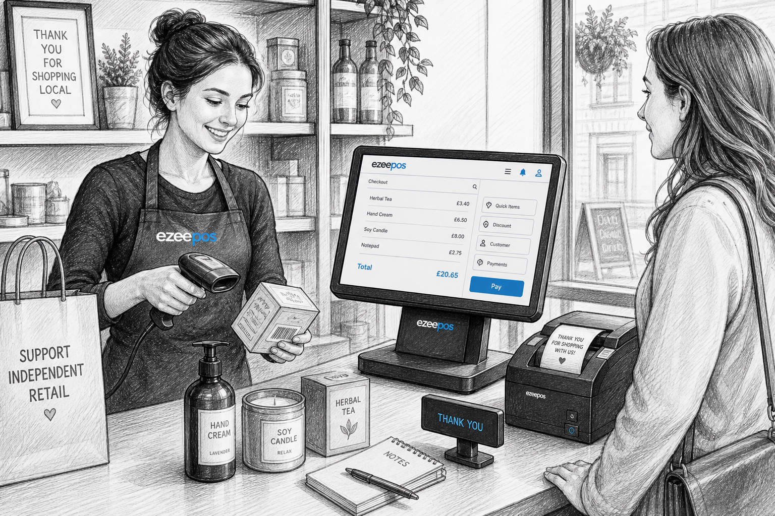 Barcode Scanners for Faster Retail Checkouts, a realistic UK retail counter scene in a small independent shop with a touchscreen EPOS till, handheld barcode scanner, receipt printer and neatly arranged products being scanned by a staff member while a customer waits at the till, warm modern professional shop interior, shallow depth of field, natural lighting, premium but realistic composition, clean counter area, friendly service moment, ezeepos-style POS terminal clearly visible with subtle blue interface accents on the screen, detailed black-and-white pencil and ink editorial blog illustration style with clean hand-drawn linework, light shading, subtle blue accent details only on screens and small interface elements, suitable as a WordPress featured image, focused on speed, accuracy and everyday retail checkout efficiency