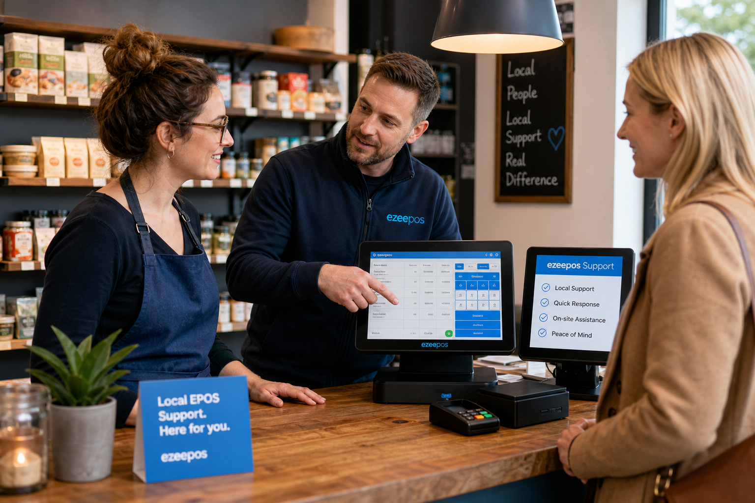 Why Local EPOS Support Still Matters for Independent Retailers, photorealistic commercial photography style of a warm, modern UK independent retail shop counter during a busy daytime shift, with a friendly staff member and a professional EPOS specialist calmly demonstrating a touchscreen POS terminal and support screen beside a counter, subtle blue brand accents in the interface and small signage, a till area that feels clean and organised, realistic products on shelves in the softly blurred background, natural lighting, shallow depth of field, premium but realistic composition, customer waiting nearby with a relaxed expression, the technology and practical support interaction clearly central to the scene, suitable as a WordPress featured image for ezeepos, professional, trustworthy and grounded in everyday retail service.