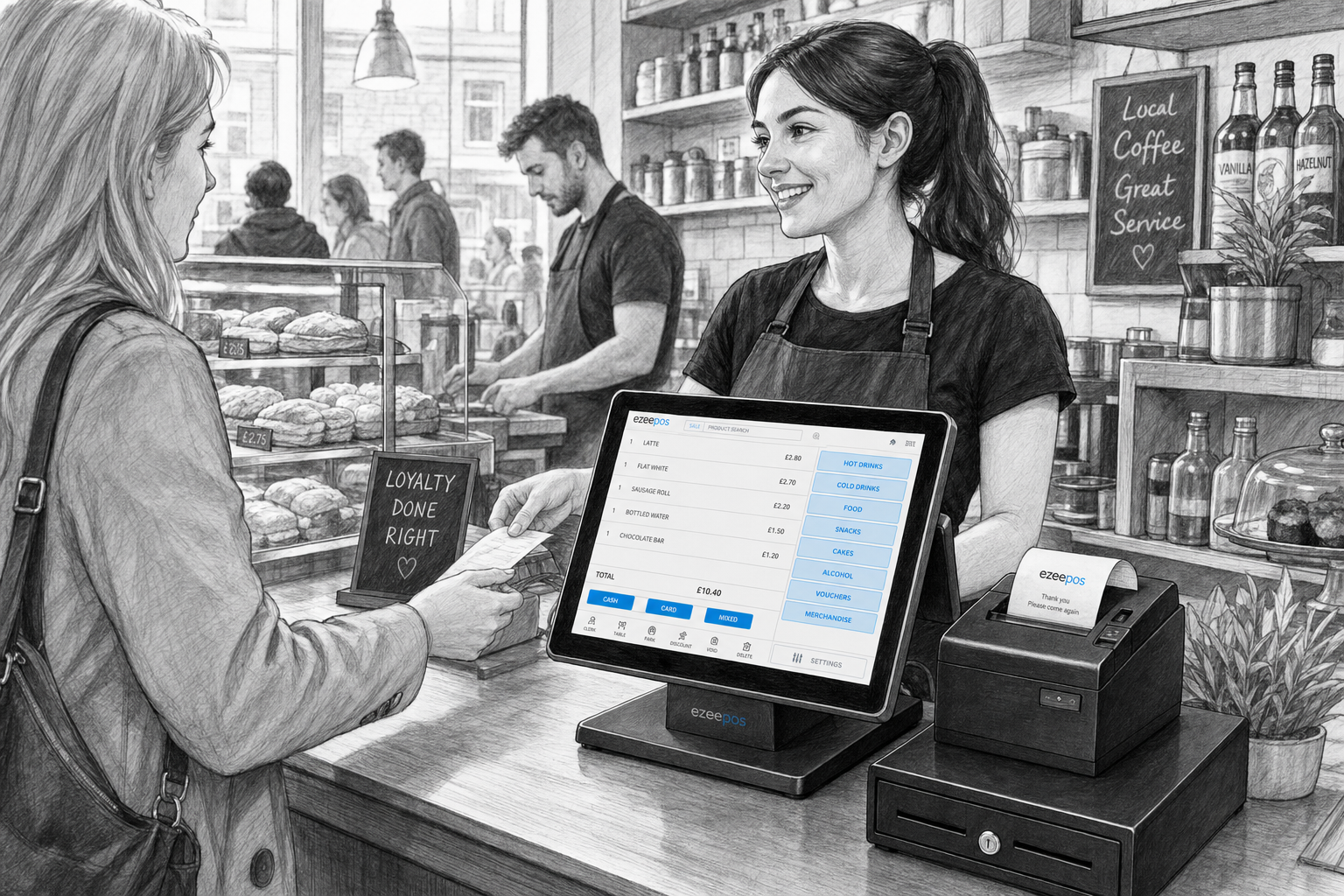 Choosing the Right Touchscreen Till for a Busy Counter. Create a detailed black-and-white pencil and ink editorial blog illustration of a realistic UK shop or cafe counter during a busy service period, with a modern touchscreen EPOS till as the focal point, a receipt printer and cash drawer nearby, and a staff member serving a customer in a warm, professional environment. The touchscreen should show subtle blue accent details on menu buttons or small interface elements, with clean hand-drawn linework, light shading, shallow depth of field, natural lighting, and a premium but realistic composition. The scene should feel like a custom featured image for ezeepos, with an organised counter, friendly service, and practical business atmosphere, avoiding cartoon styling, clutter, futuristic devices, or unrelated scenery.