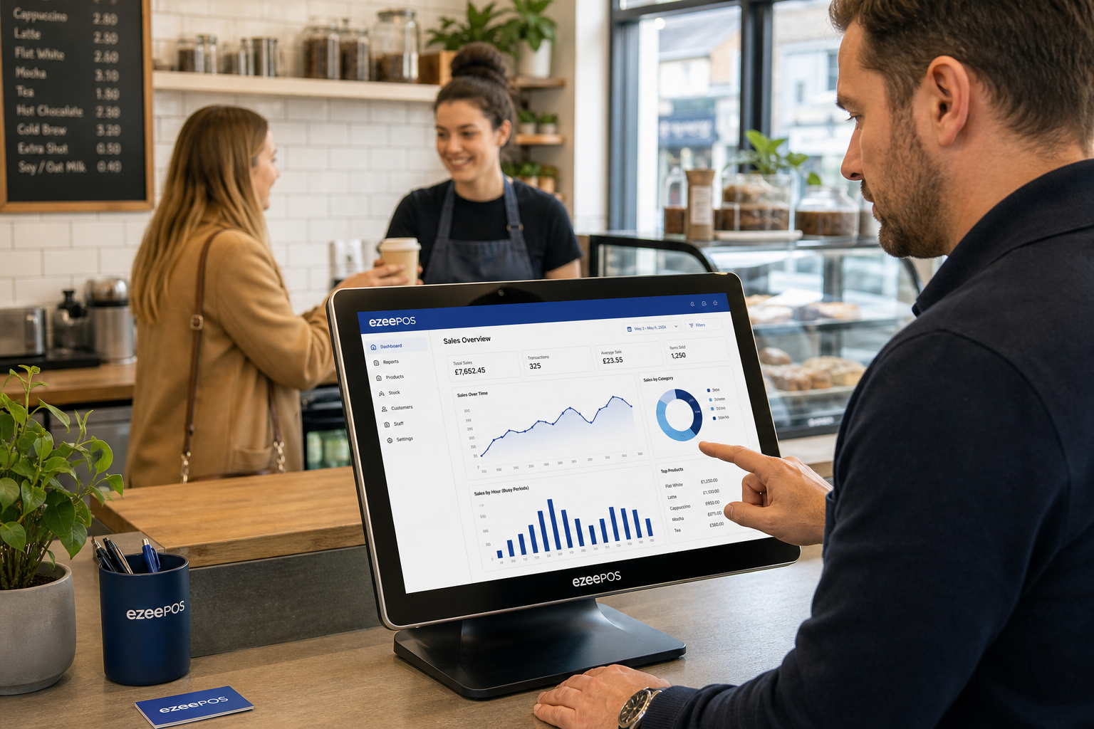 Using EPOS Reporting to Spot Sales Patterns in a Busy UK Business, a photorealistic commercial photography style image of a modern UK independent cafe or small retail shop counter with a touchscreen EPOS terminal showing clear sales dashboard charts and busy-period graphs, a business owner or manager reviewing the screen with focused attention while a staff member serves a customer in the background, clean counter area with subtle blue brand accents on the interface and small details, natural lighting, warm professional atmosphere, shallow depth of field, premium but realistic composition, technology as the clear focus of the scene, suitable as a WordPress featured image for ezeepos, realistic UK business environment, sharp visible POS screen with reporting analytics, no clutter, no abstract tech background.