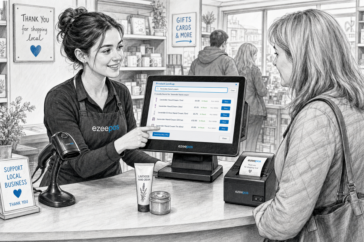 Why Product Lookup Makes Busy Retail Checkouts Easier. Create a detailed black-and-white pencil and ink editorial blog illustration of a realistic UK independent retail shop counter during a busy trading period, showing a friendly staff member using a modern touchscreen EPOS till with a clear product lookup screen open while serving a customer, with a barcode scanner, receipt printer and a tidy counter visible, and a small range of mixed retail products in the background suggesting a convenience store or gift shop. The scene should feel professional, warm and practical, with shallow depth of field, natural lighting, clean hand-drawn linework, light shading and subtle blue accent details only on the EPOS screen interface, buttons and a few small signage elements. The technology should be the focus, showing how product lookup helps staff quickly find items when a barcode is missing or a customer asks for a product by name, and the image should look like a custom ezeepos hero image for a UK business blog, not photorealistic, not cartoonish, not cluttered, and not futuristic.