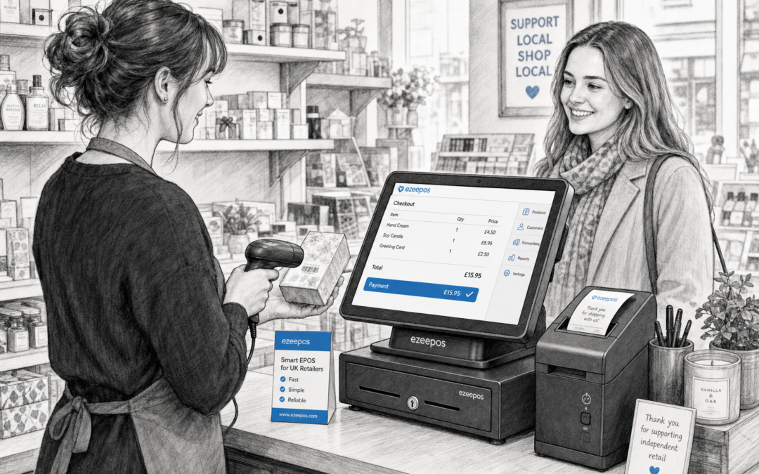 Barcode Scanning for Faster Retail Checkouts: a detailed black-and-white pencil and ink editorial blog illustration showing a realistic UK independent retail shop counter during a busy moment, with a staff member scanning a product barcode at a modern touchscreen EPOS till while a customer waits nearby; include a barcode scanner, receipt printer, cash drawer and neatly arranged retail products such as small convenience items or gift shop stock; the till screen should show subtle blue accent interface elements indicating a fast checkout flow; clean hand-drawn linework, light shading, warm modern professional atmosphere, shallow depth of field, natural lighting, premium realistic composition, clean counter area, friendly service interaction, ezeepos-style POS terminal clearly visible, subtle blue brand accents on the screen and small signage, technology as the focus, suitable as a WordPress featured image for a UK retail EPOS blog post.