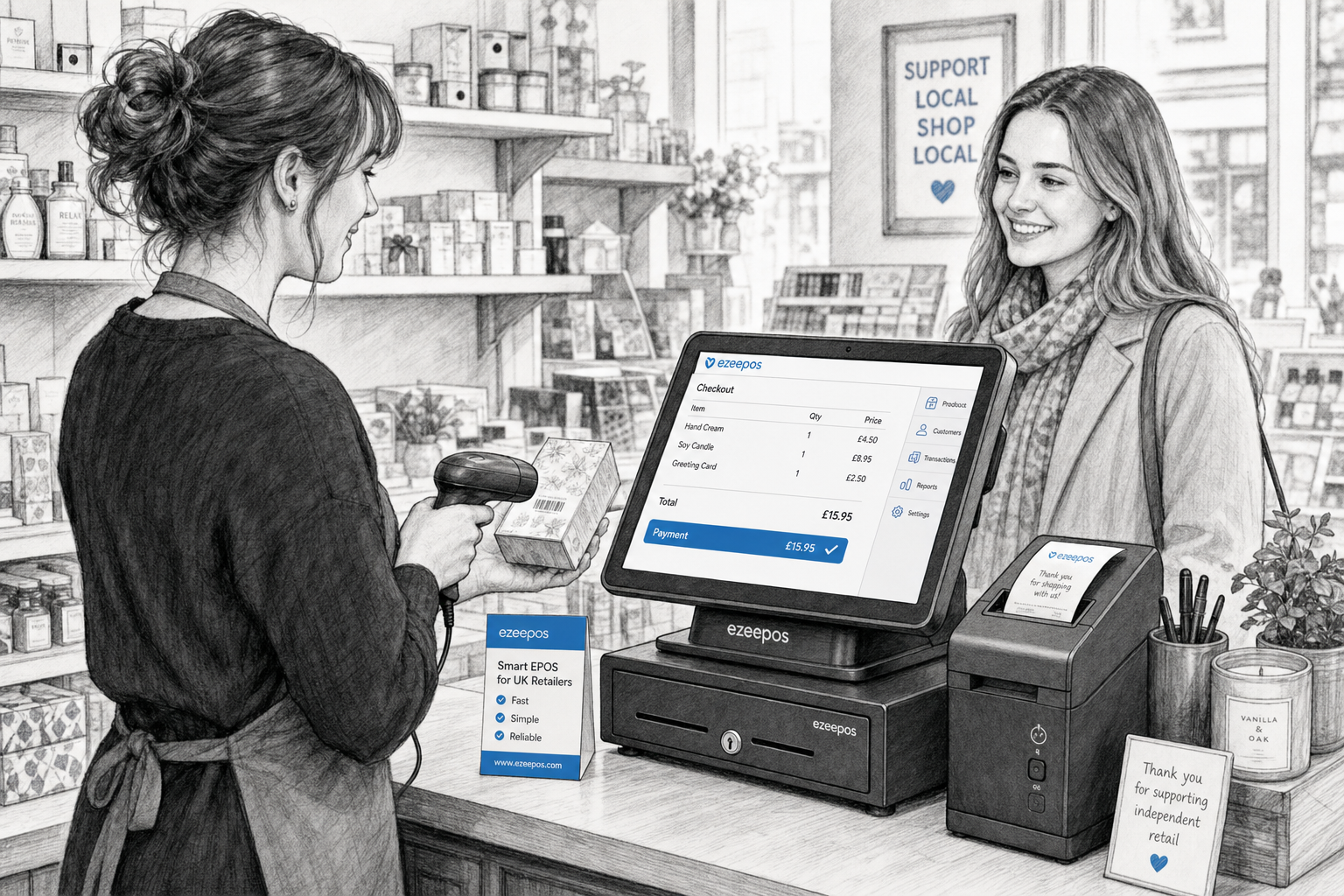 Barcode Scanning for Faster Retail Checkouts: a detailed black-and-white pencil and ink editorial blog illustration showing a realistic UK independent retail shop counter during a busy moment, with a staff member scanning a product barcode at a modern touchscreen EPOS till while a customer waits nearby; include a barcode scanner, receipt printer, cash drawer and neatly arranged retail products such as small convenience items or gift shop stock; the till screen should show subtle blue accent interface elements indicating a fast checkout flow; clean hand-drawn linework, light shading, warm modern professional atmosphere, shallow depth of field, natural lighting, premium realistic composition, clean counter area, friendly service interaction, ezeepos-style POS terminal clearly visible, subtle blue brand accents on the screen and small signage, technology as the focus, suitable as a WordPress featured image for a UK retail EPOS blog post.