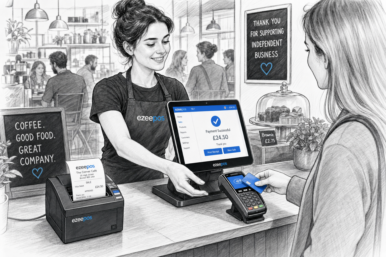 Why Integrated Card Payments Help Busy Counters Move Faster - A detailed black-and-white pencil and ink editorial blog illustration of a busy UK cafe or retail counter during a peak trading moment, showing a friendly staff member using an ezeepos-style touchscreen POS terminal connected to a card payment terminal while serving a customer, with payment confirmation visible on a subtle blue-accented screen and a clean counter area with receipt printer and tidy till equipment nearby. The scene should feel realistic, professional and warm, with natural lighting, shallow depth of field, clean hand-drawn linework, light shading and a premium business feel suitable for a WordPress featured image. Include subtle blue accents only on the screen interface, receipt display or small payment elements, and make the payment process the clear focus of the composition. The setting should reflect a modern UK independent business with busy but calm service, practical checkout flow and a clear link to integrated card payments, reduced manual entry and faster customer service.