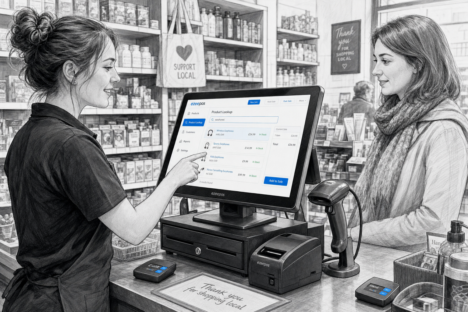 How Product Lookup Helps Busy Retail Checkouts Stay Moving, a detailed black-and-white pencil and ink editorial blog illustration of a realistic UK retail shop counter during a busy shift, showing a friendly shop assistant using a modern touchscreen EPOS terminal to search for a product while a customer waits calmly at the till, with a barcode scanner, receipt printer and tidy cash drawer visible, shelves of mixed retail products in the background, subtle blue accent details only on the POS screen interface and small till buttons, professional business feel, clean hand-drawn linework with light shading, shallow depth of field, natural lighting, warm modern UK retail environment, premium realistic composition, technology clearly the focus, suitable as a WordPress featured image for ezeepos