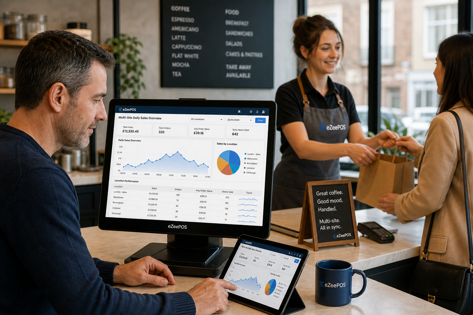 Why Multi-Site Reporting Matters for Growing Retail and Hospitality Businesses - Photorealistic commercial photography style showing a warm, modern UK retail or hospitality business office-cafe counter with a business owner reviewing a multi-site sales dashboard on an eZeePOS-style touchscreen terminal and tablet, with clear branch comparison charts, daily sales graphs and location summaries visible on the screen in subtle blue tones. A second staff member serves a customer in the background to show a working business environment, with clean counter space, natural daylight, shallow depth of field and premium realistic composition. The scene should feel like a professional WordPress featured image for ezeepos, focused on reporting and decision-making across multiple locations, with a tidy modern POS setup, friendly atmosphere and subtle brand accents in the interface and surrounding decor.