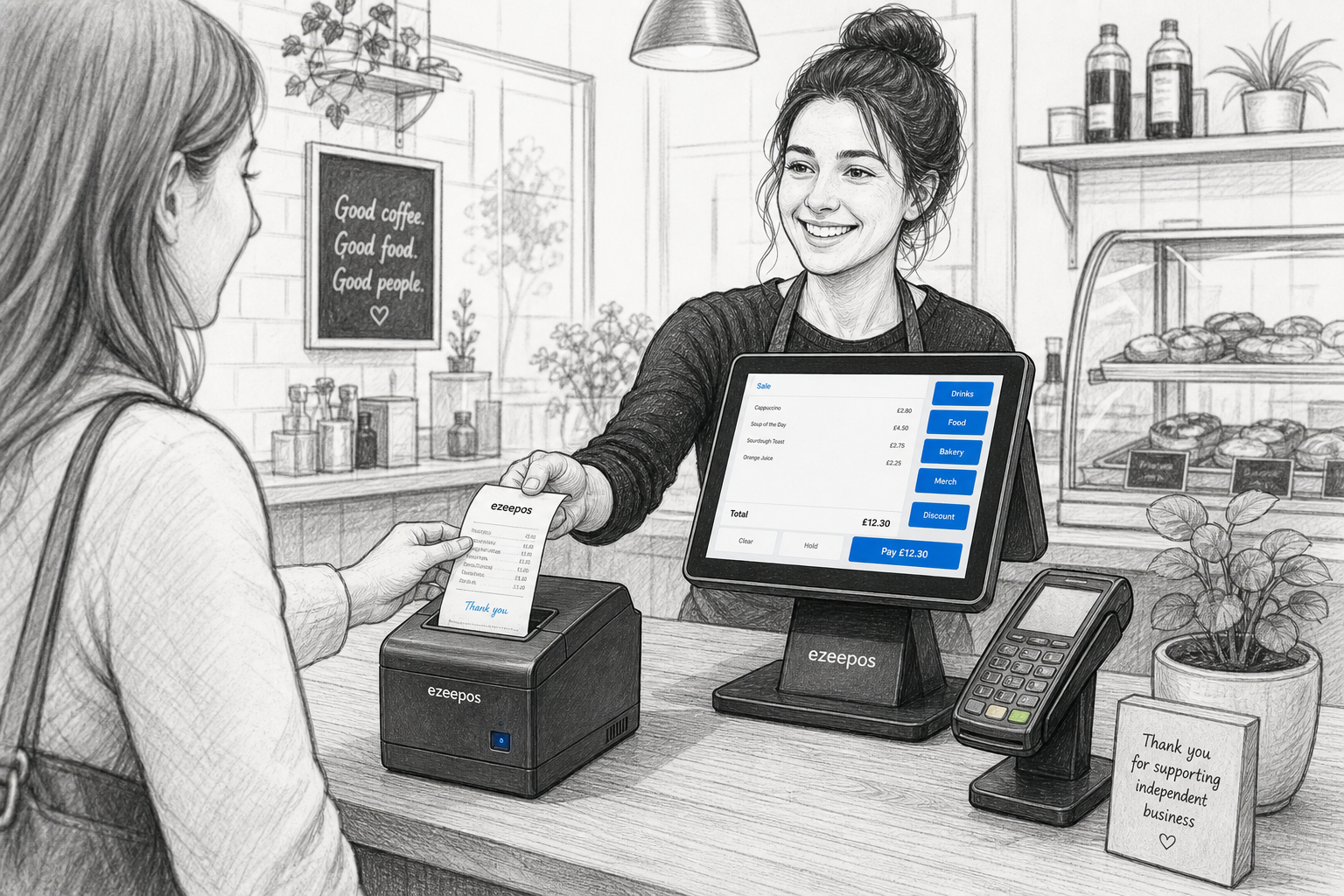 Choosing the Right Receipt Printer for Your EPOS Setup, a realistic black-and-white pencil and ink editorial blog illustration of a UK cafe or independent retail checkout counter with a modern touchscreen EPOS till, a compact receipt printer actively printing a receipt, card terminal nearby, and a friendly staff member serving a customer in a warm modern setting. The scene should feel like a professional ezeepos blog hero image for a UK business website, with clean hand-drawn linework, light shading, shallow depth of field, natural lighting and a tidy counter area. Include subtle blue accent details only on the till screen interface, small receipt highlights or button indicators. The image should suggest practical service speed, clear receipts and organised counter workflow, with the POS hardware as the focus and no cluttered background, no photorealism, no cartoon style, and no unrelated objects.