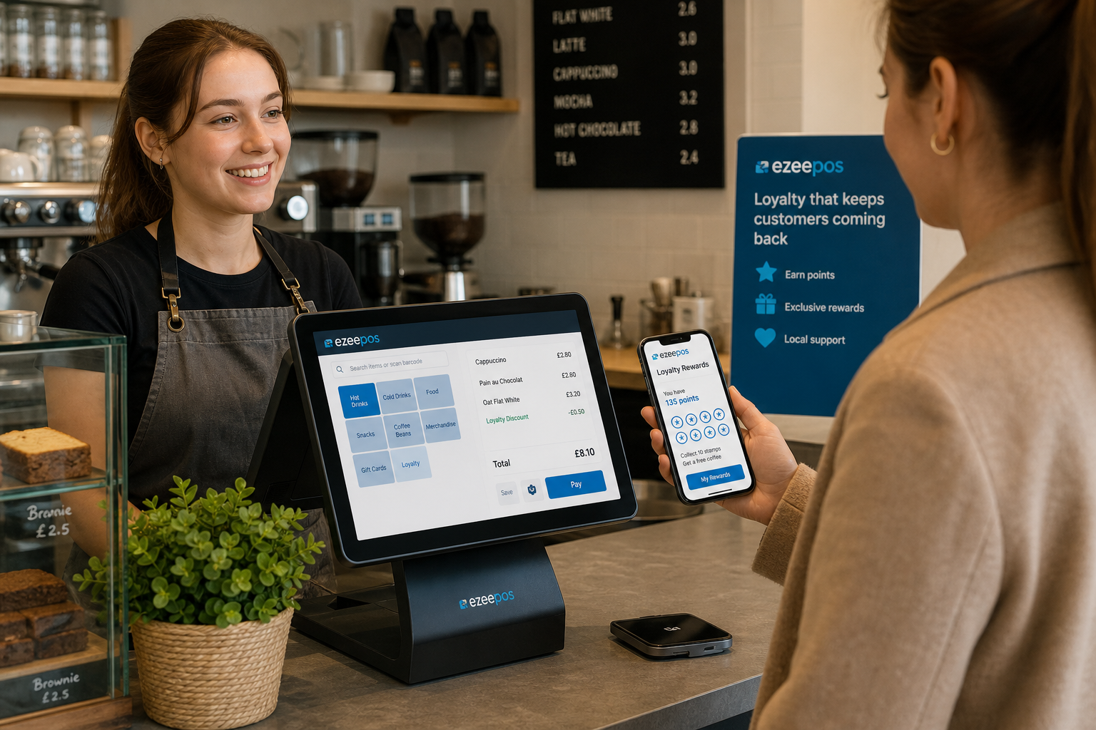 Why Customer Loyalty Can Help Independent Cafes, Shops and Takeaways Bring People Back, photorealistic commercial photography style of a warm modern UK independent cafe counter with a friendly staff member serving a customer, a clear EPOS touchscreen till visible on the counter, and a customer holding a smartphone showing a simple digital loyalty rewards wallet with stamps or points on screen, subtle blue brand accents in the interface and signage, clean counter area, natural lighting, shallow depth of field, premium realistic composition, professional blog hero image for ezeepos, focus on customer loyalty technology and everyday service, realistic UK hospitality and retail setting, no gimmicky props, no clutter