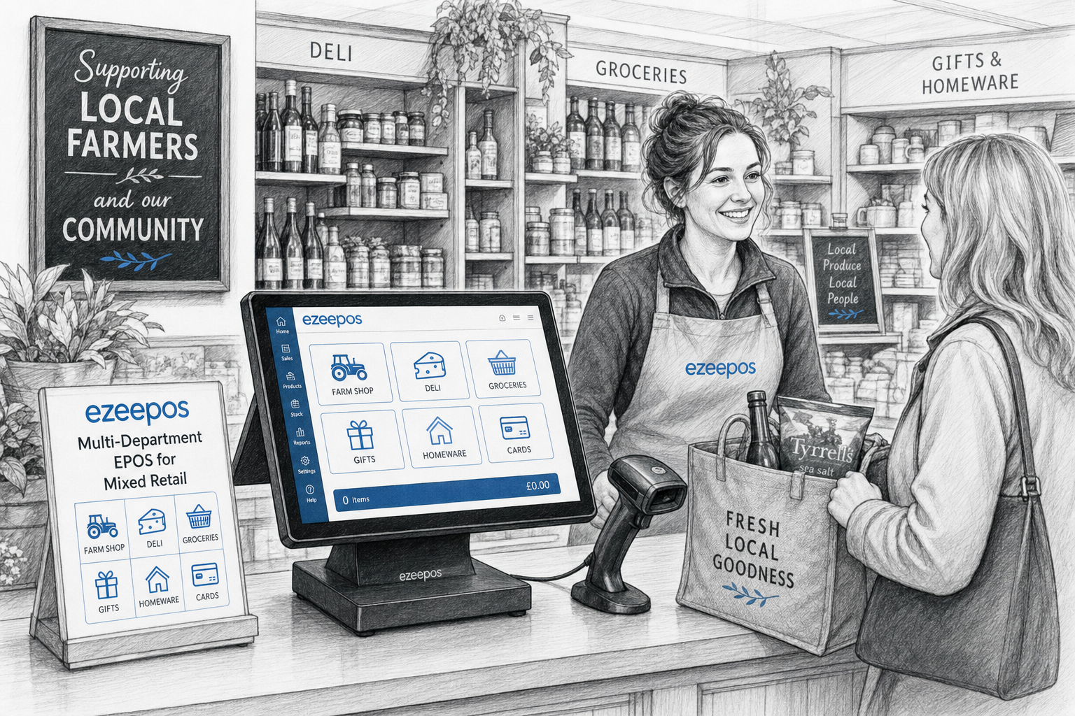 Why Multi-Department Retail EPOS Matters for Shops with Mixed Product Ranges - Create a realistic UK retail shop counter scene inside a mixed-product independent store, such as a farm shop or multi-department convenience and gift shop, with a modern touchscreen EPOS till clearly visible on the counter showing tidy department buttons and subtle blue interface accents, a barcode scanner resting beside it, neatly arranged products from different departments in the background, and a friendly staff member serving a customer. Include a clean, professional counter area with practical retail details, natural daylight, shallow depth of field, and a warm but realistic business atmosphere. Style it as a detailed black-and-white pencil and ink editorial blog illustration with clean hand-drawn linework, light shading, premium composition, and subtle blue accent details only on the screen, buttons and small signage. The image should feel like a custom WordPress featured image for ezeepos, focused on organised mixed-range retail checkout, not a generic stock photo, not photorealistic, not cartoonish, and not cluttered.