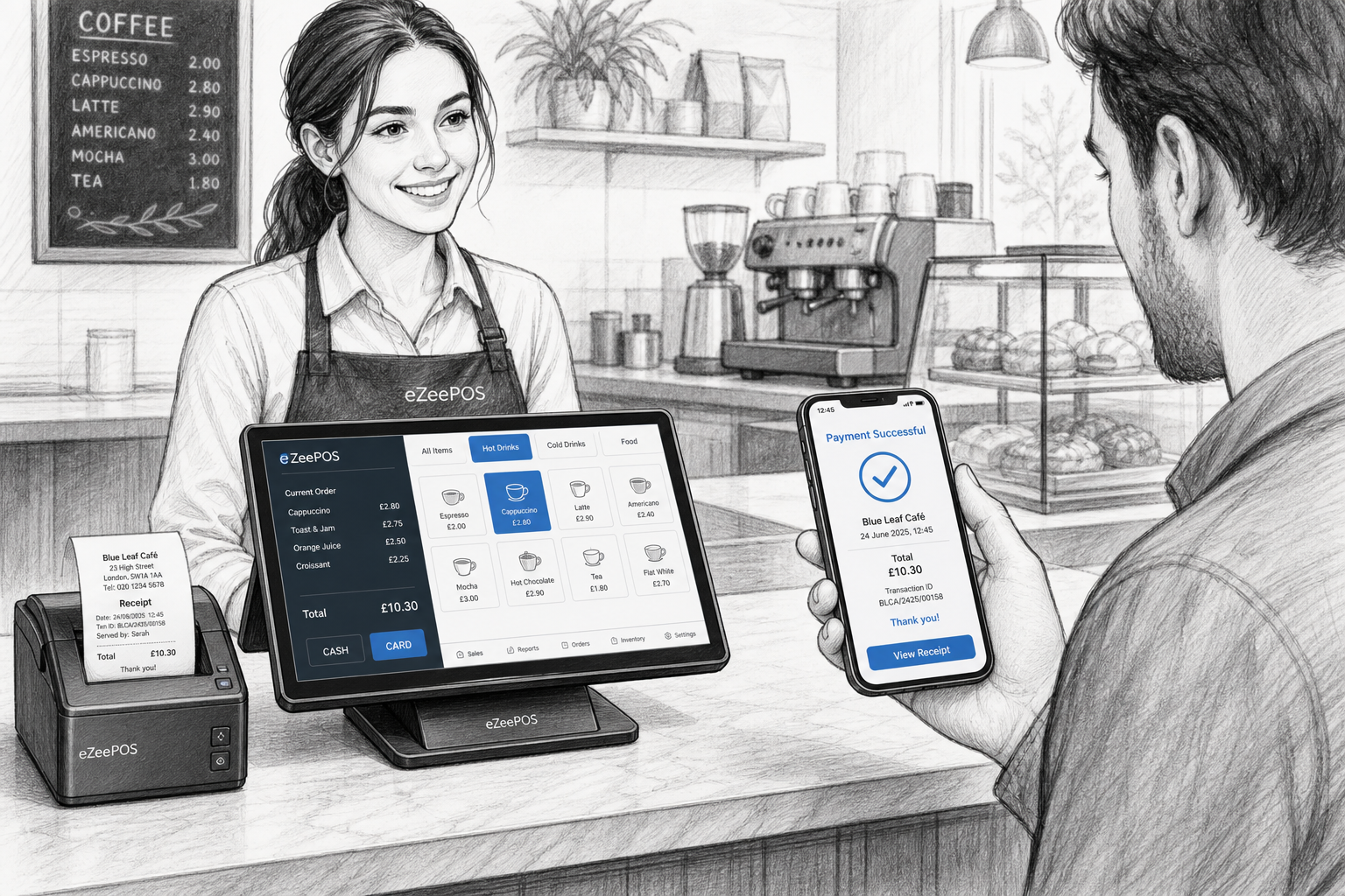 Digital Receipts for Retail and Hospitality: A Simple Way to Improve Checkout Clarity - Create a detailed black-and-white pencil and ink editorial blog illustration of a modern UK retail or hospitality counter where a customer receives a digital receipt on a smartphone or tablet after paying at an eZeePOS-style touchscreen till, with a receipt printer nearby but not dominating the scene, subtle blue accent details only on the screen interface and receipt confirmation message, realistic shop or cafe environment, professional business feel, clean counter area, friendly staff interaction, shallow depth of field, natural lighting, premium but realistic composition, hand-drawn linework with light shading, no photorealism, no cartoon style, no clutter, and the technology as the clear focus of the image, suitable as a WordPress featured image for a UK EPOS blog.