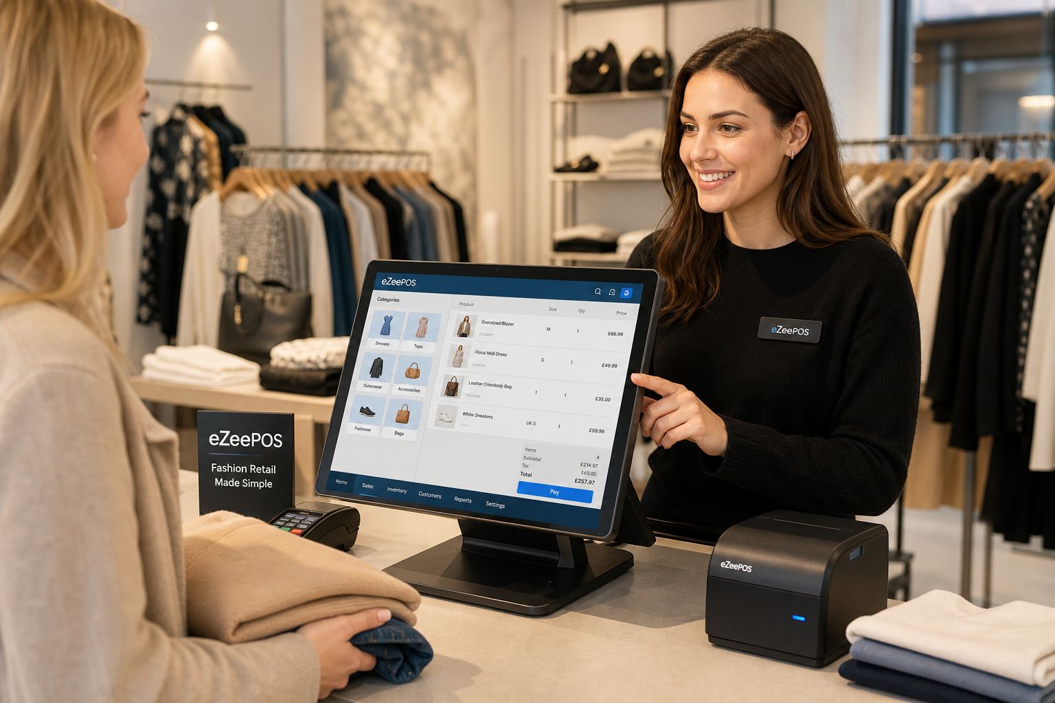 Touchscreen Tills for Fashion and Clothing Shops: What to Look For, photorealistic commercial photography style featured image for a UK fashion boutique checkout, warm natural lighting, shallow depth of field, modern and professional retail environment with a clean counter area, a friendly staff member using a sleek touchscreen POS terminal while serving a customer holding clothing items, the POS screen showing a clear fashion retail sales interface with product categories, sizes and a subtle blue-accent design, folded garments and neatly displayed accessories visible in the background, realistic counter details, premium but practical composition, subtle ezeepos-style branding cues without distorted logos, the technology is the clear focus of the image, suitable as a WordPress blog hero image for eZeePOS