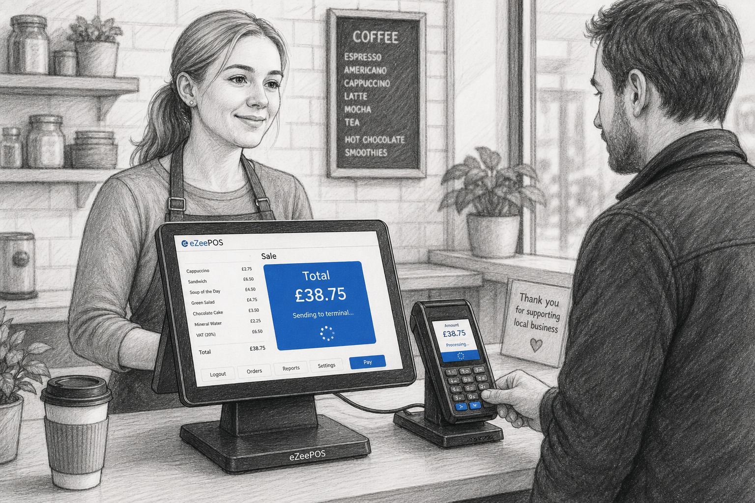 Why Integrated Payments Help Small Businesses Keep Service Moving: create a realistic marketing-style black-and-white pencil and ink editorial blog illustration of a busy UK retail or hospitality checkout where a touchscreen EPOS till is sending a sale total to a card terminal, with a staff member calmly serving a customer while payment is processed, subtle blue accent details on the screen interface and payment buttons, clean counter area, modern but realistic UK business interior, warm natural lighting, shallow depth of field, professional composition, no photorealism, no cartoon style, no clutter, include modern POS hardware clearly and make the technology the focus of the scene, suitable as a WordPress featured image for eZeePOS.