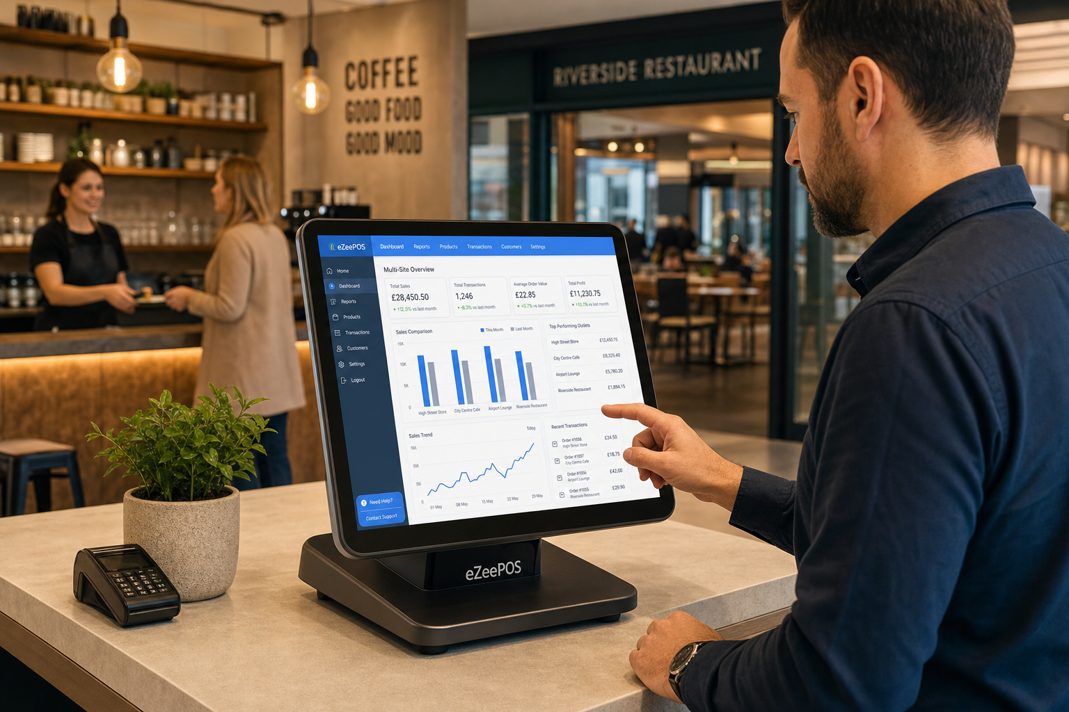 Why Multi-Site Reporting Matters for Growing Retail and Hospitality Businesses - Photorealistic commercial photography style image in a warm, modern UK retail or hospitality setting showing a business owner or manager reviewing multi-site sales reporting on a clean eZeePOS-style touchscreen POS terminal or tablet at a stylish counter, with a second location suggested in the background through subtle context such as a cafe or shop interior with staff serving customers, the screen showing clear dashboard charts and branch comparisons with subtle blue brand accents, natural lighting, shallow depth of field, premium but realistic composition, professional website hero image feel, clean counter area, friendly atmosphere, technology as the focus, suitable for a WordPress featured image.