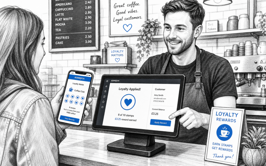 Customer Loyalty Ideas for Cafés, Shops and Takeaways: create a realistic UK hospitality and retail counter scene showing a modern café or takeaway counter with a touchscreen EPOS terminal, a customer holding a smartphone displaying a digital loyalty wallet or rewards screen, and a staff member processing a repeat visit quickly and professionally. Include subtle blue accent details only on the screen interface, loyalty icons and small signage, with the rest in black-and-white pencil and ink editorial illustration style. The scene should feel like a premium WordPress blog hero image for ezeepos, with clean hand-drawn linework, light shading, natural lighting, shallow depth of field, a warm modern UK business atmosphere, tidy counter space, and clear focus on customer engagement technology rather than generic shop scenery. The composition should be realistic and business-focused, with friendly staff-customer interaction, a modern till setup, and a visible sense of loyalty being used during a busy but calm service moment.
