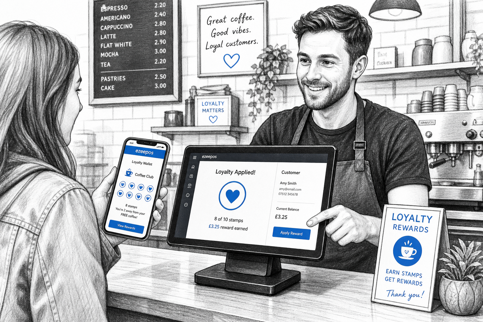 Customer Loyalty Ideas for Cafés, Shops and Takeaways: create a realistic UK hospitality and retail counter scene showing a modern café or takeaway counter with a touchscreen EPOS terminal, a customer holding a smartphone displaying a digital loyalty wallet or rewards screen, and a staff member processing a repeat visit quickly and professionally. Include subtle blue accent details only on the screen interface, loyalty icons and small signage, with the rest in black-and-white pencil and ink editorial illustration style. The scene should feel like a premium WordPress blog hero image for ezeepos, with clean hand-drawn linework, light shading, natural lighting, shallow depth of field, a warm modern UK business atmosphere, tidy counter space, and clear focus on customer engagement technology rather than generic shop scenery. The composition should be realistic and business-focused, with friendly staff-customer interaction, a modern till setup, and a visible sense of loyalty being used during a busy but calm service moment.