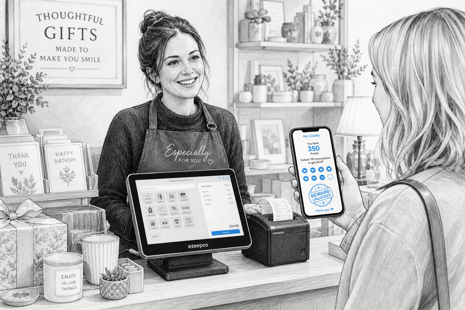 Customer Loyalty Ideas for Gift Shops: Simple Ways to Encourage Repeat Visits, a detailed black-and-white pencil and ink editorial blog illustration showing a warm, modern UK gift shop counter with a smiling shop assistant serving a returning customer who is holding a smartphone showing a simple digital loyalty wallet with points and a reward stamp, a touchscreen EPOS till and receipt printer on the counter, wrapped gifts, greeting cards and small homeware items arranged neatly around the till, subtle blue accent details only on the loyalty screen elements and small interface highlights, professional business feel, shallow depth of field, natural lighting, clean hand-drawn linework with light shading, premium realistic composition, friendly customer interaction, technology clearly the focus, suitable as a WordPress featured image for ezeepos, not photorealistic, not cartoonish, not cluttered, not futuristic, with a polished UK retail atmosphere.