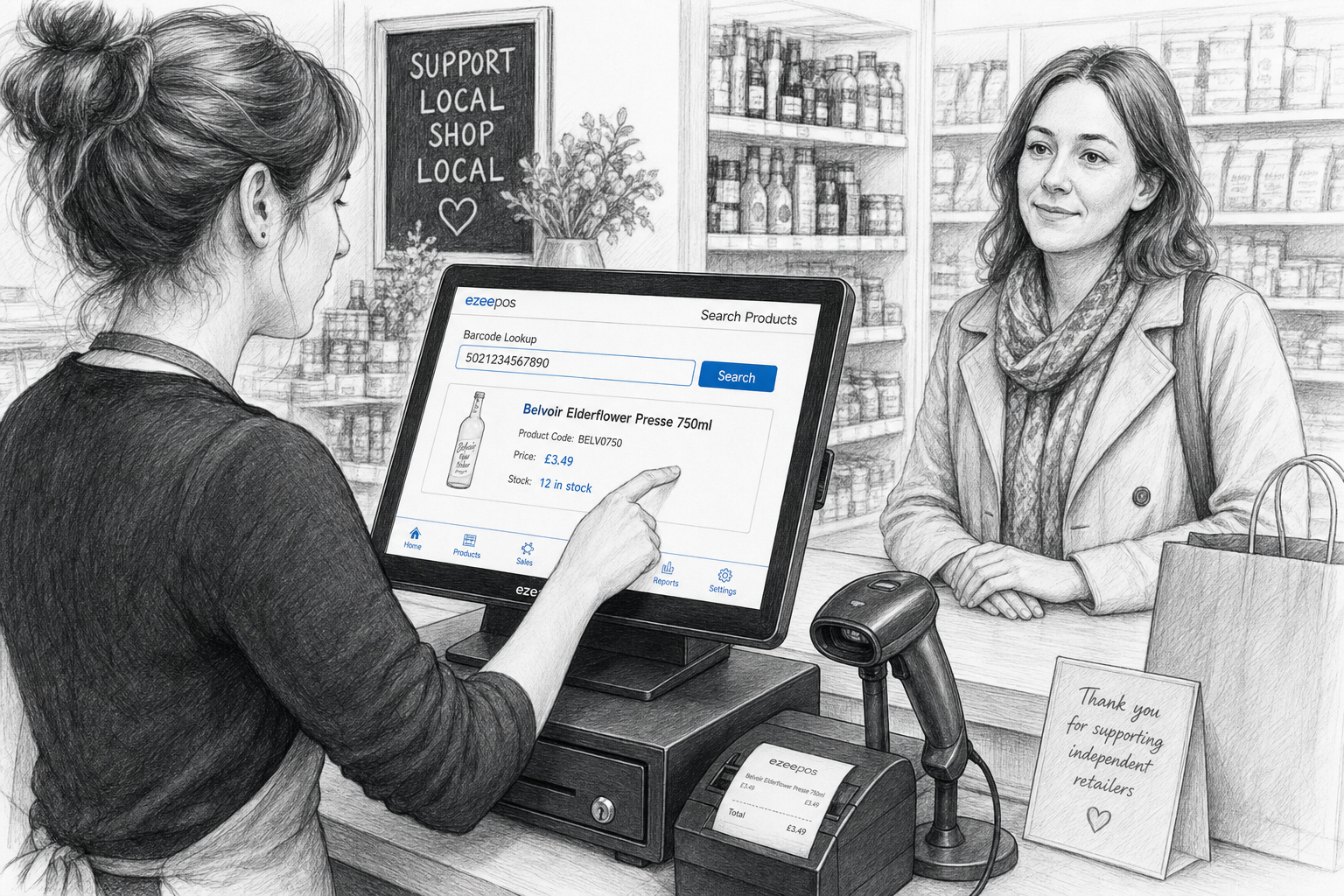 How Barcode Lookup Helps Busy Retail Checkouts Stay Moving: a highly specific realistic marketing-style featured image for a UK retail EPOS blog, showing a busy independent shop counter where a staff member is using a modern touchscreen till to search for a product by barcode lookup while a barcode scanner sits beside the till and a customer waits calmly at the counter; the screen shows a simple product search interface with subtle blue accent details, with shelves of mixed retail stock in the background, a receipt printer and cash drawer visible, warm natural lighting, clean counter area, friendly professional atmosphere, shallow depth of field, black-and-white pencil and ink editorial blog illustration with clean hand-drawn linework and light shading, subtle blue accents only on the screen and small interface elements, premium yet realistic composition, suitable as an ezeepos WordPress featured image, focused on the checkout and the practical value of barcode lookup in a busy UK shop.