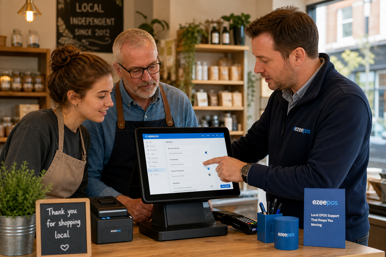 Why Local EPOS Support Still Matters for Independent Retailers, photorealistic commercial photography style, a warm modern UK independent retail shop counter with a friendly staff member and a business owner looking at a touchscreen POS terminal while a local EPOS specialist calmly demonstrates simple settings on the screen, clear practical support moment during a normal trading day, clean counter area with subtle blue brand accents in the interface and accessories, realistic till setup with receipt printer and tidy workspace, natural daylight, shallow depth of field, premium but realistic composition, professional blog hero image for ezeepos, the technology and human support are the focus, not a staged meeting, suitable for a WordPress featured image
