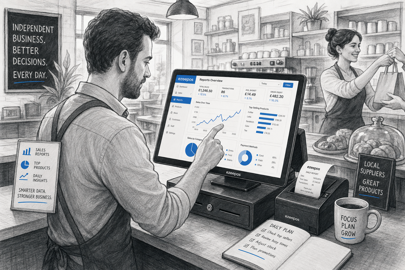 How EPOS Reporting Helps Small Businesses Make Better Daily Decisions - A realistic UK retail and hospitality counter scene showing a small business owner reviewing EPOS sales reports on a modern touchscreen till or tablet inside a warm, busy cafe or independent shop, with a receipt printer, cash drawer and subtle blue dashboard charts visible on screen, a staff member serving nearby, and a calm professional atmosphere that suggests practical daily decision-making. Create a detailed black-and-white pencil and ink editorial blog illustration with clean hand-drawn linework, light shading, shallow depth of field, natural lighting and a premium business feel. Include subtle blue accent details only on the screen charts, buttons and small interface elements. The composition should feel like a custom ezeepos blog hero image for a UK business website, focused on reporting, trading insight and easier management, not a generic stock photo, with no cluttered background and no unrealistic or futuristic elements.