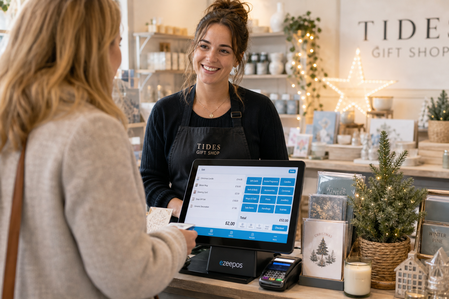 Touchscreen Tills for Gift Shops: Keeping Seasonal Trading Simple - A realistic photorealistic commercial photography scene inside a warm, modern UK independent gift shop, showing a friendly shop assistant serving a customer at a clean counter with a touchscreen EPOS till clearly visible, a subtle blue-accented interface on the screen, neatly displayed gift items, cards and candles around the counter, and a busy but organised seasonal retail atmosphere that suggests Christmas or holiday trading without looking cluttered; natural light, shallow depth of field, premium yet realistic composition, professional blog hero image style for ezeepos, with the technology and checkout experience as the clear focus.