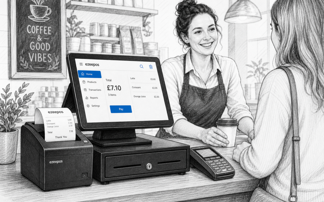 Choosing the Right Receipt Printer for Your EPOS Setup: a realistic UK retail or hospitality counter scene in a warm modern shop or cafe, shown as a detailed black-and-white pencil and ink editorial blog illustration with clean hand-drawn linework and light shading, featuring a touchscreen EPOS till, compact receipt printer actively printing a clear receipt, nearby cash drawer and card terminal, subtle blue accent details on the till screen and small interface elements, a friendly staff member serving a customer at the counter, professional business atmosphere, shallow depth of field, natural lighting, premium but realistic composition, clean counter area, technology clearly the focus, suitable as a WordPress featured image for ezeepos, avoiding photorealism or cartoon style