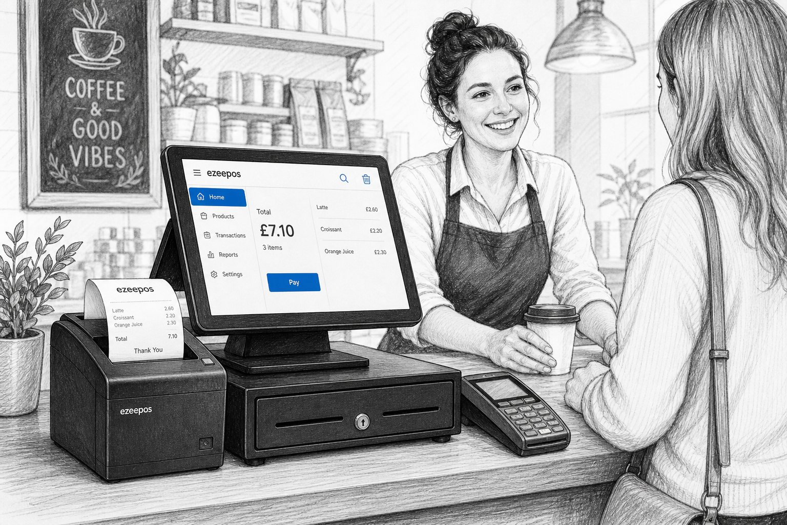 Choosing the Right Receipt Printer for Your EPOS Setup: a realistic UK retail or hospitality counter scene in a warm modern shop or cafe, shown as a detailed black-and-white pencil and ink editorial blog illustration with clean hand-drawn linework and light shading, featuring a touchscreen EPOS till, compact receipt printer actively printing a clear receipt, nearby cash drawer and card terminal, subtle blue accent details on the till screen and small interface elements, a friendly staff member serving a customer at the counter, professional business atmosphere, shallow depth of field, natural lighting, premium but realistic composition, clean counter area, technology clearly the focus, suitable as a WordPress featured image for ezeepos, avoiding photorealism or cartoon style