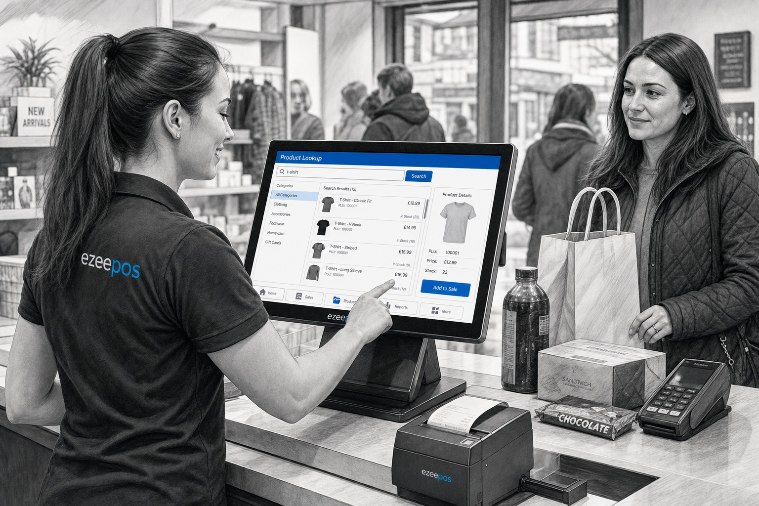 How Product Lookup Helps Busy Retail Checkouts Stay Moving detailed black-and-white pencil and ink editorial blog illustration of a realistic UK retail shop counter during a busy trading period, with a friendly staff member using a modern touchscreen EPOS terminal to search for a product lookup item while a customer waits nearby with a few items on the counter, barcode scanner and receipt printer visible, clean organised till area, subtle blue accent details on the screen interface showing search results and product categories, warm modern professional retail environment, shallow depth of field, natural lighting, premium realistic composition, clean counter space, ezeepos-style POS terminal clearly visible, the technology and fast checkout workflow as the focus, suitable as a WordPress featured image