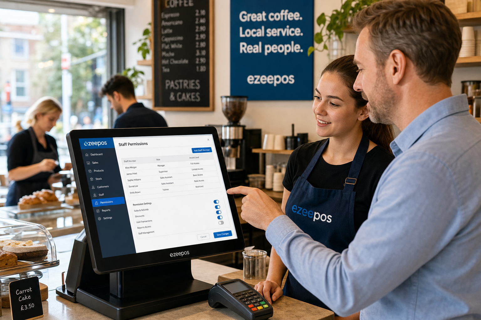 Why Staff Permissions Matter in Busy EPOS Setups, photorealistic commercial photography style featuring a modern UK café or independent retail counter during a busy shift, with a touchscreen EPOS terminal clearly visible showing a simple staff permissions screen and user access levels, a manager and team member standing beside the till in a professional but friendly exchange, clean counter area with subtle blue brand accents on the interface and signage, soft natural daylight, shallow depth of field, realistic product detail, premium yet everyday atmosphere, business owner reviewing role-based settings while service continues in the background, designed as a WordPress featured image for ezeepos, warm modern British setting, focused on secure till control and practical team management