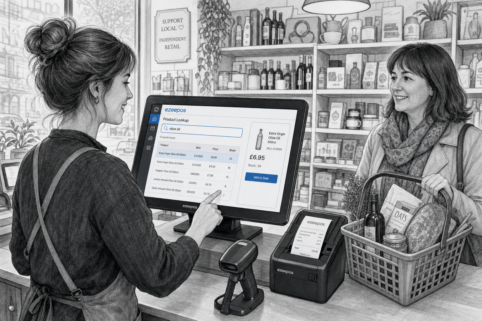 How Product Lookup Helps Independent Retailers Serve Customers Faster detailed black-and-white pencil and ink editorial blog illustration of a warm, modern UK independent retail shop counter during a busy daytime checkout, showing a friendly staff member using a touchscreen EPOS terminal with a clear product lookup search screen and subtle blue accent highlights on the interface, while a customer waits with a basket of mixed items, with a barcode scanner and receipt printer on the clean counter and shelves of varied stock in the softly blurred background; realistic business environment, shallow depth of field, natural lighting, premium composition, professional website hero image for ezeepos, hand-drawn linework with light shading, practical technology-focused scene that shows how product lookup helps staff find items quickly and keep the queue moving, no photorealism, no cartoon style, no clutter, subtle blue brand accents only on screen elements