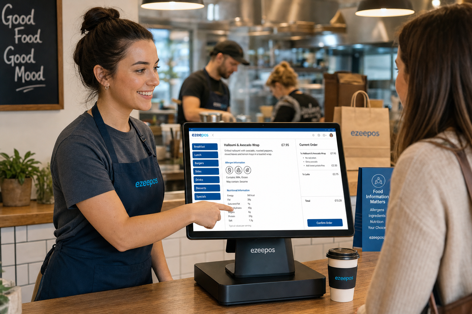 Why Food Information Matters in EPOS for Cafes, Restaurants and Takeaways - Photorealistic commercial photography of a warm, modern UK cafe or takeaway counter during a busy service, with a friendly staff member using a touchscreen EPOS terminal to check menu details, allergen notes and customer modifications while serving a customer; the screen should clearly suggest food information, menu categories and order notes in a clean blue-accent interface, with a kitchen pass and takeaway packaging visible softly in the background, natural light, shallow depth of field, premium realistic composition, clean counter area, subtle ezeepos-style branding elements, professional website hero image style, technology as the focus of the scene.