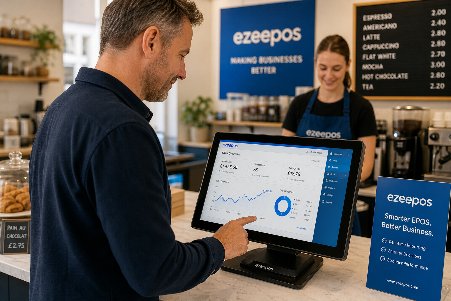 How Better Reporting Helps Small Businesses Make Smarter Decisions A photorealistic commercial photography style image of a UK cafe owner or small retail manager standing beside a modern touchscreen EPOS terminal or tablet at a clean counter, reviewing sales reporting dashboards with clear charts, graphs and daily trading figures on the screen, with a friendly staff member in the background and subtle blue brand accents visible in the interface and nearby signage, warm natural lighting, shallow depth of field, professional modern UK business environment, realistic counter details, premium but approachable composition, the reporting technology clearly central to the scene, suitable as a WordPress featured image for an ezeepos blog post about using EPOS reports to make smarter business decisions.