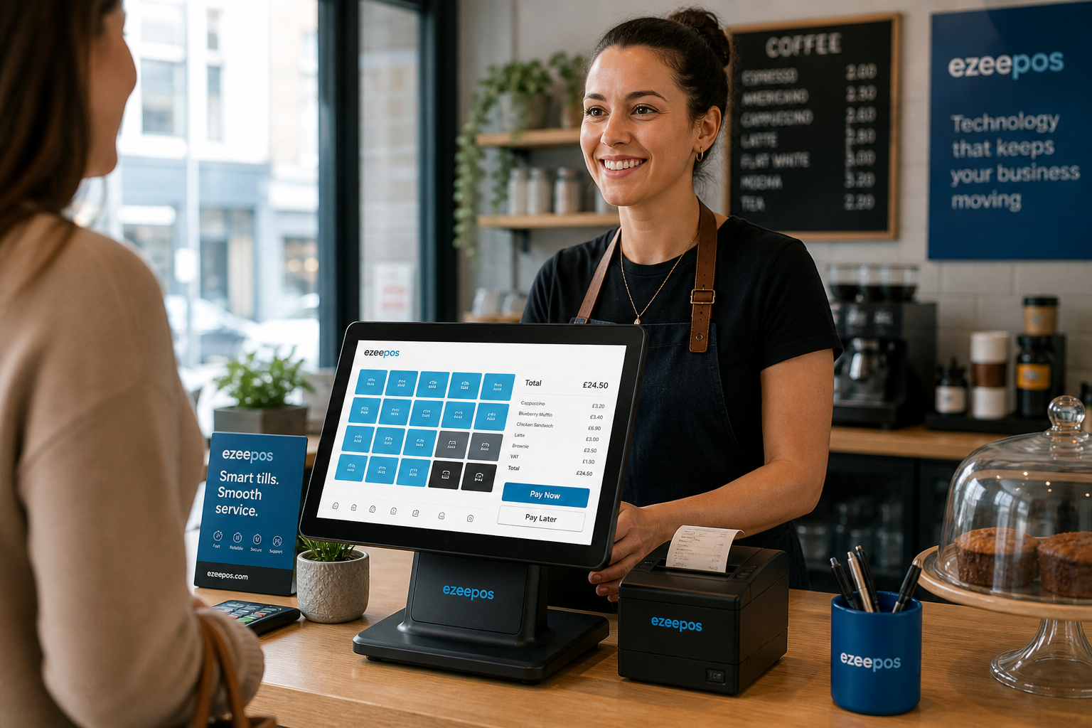 Choosing the Right Touchscreen Till for a Busy Counter: a realistic photorealistic commercial photography scene inside a modern UK retail or hospitality business, showing a busy but tidy counter with a clear touchscreen POS terminal in the foreground, a staff member serving a customer confidently, subtle blue brand accents on the interface and nearby signage, a receipt printer and small counter accessories neatly arranged, natural daylight, shallow depth of field, warm professional atmosphere, premium yet realistic composition, the technology as the main focus, suitable as a WordPress featured image for an ezeepos blog post about choosing a touchscreen till that keeps busy counters calm, fast and easy to manage.