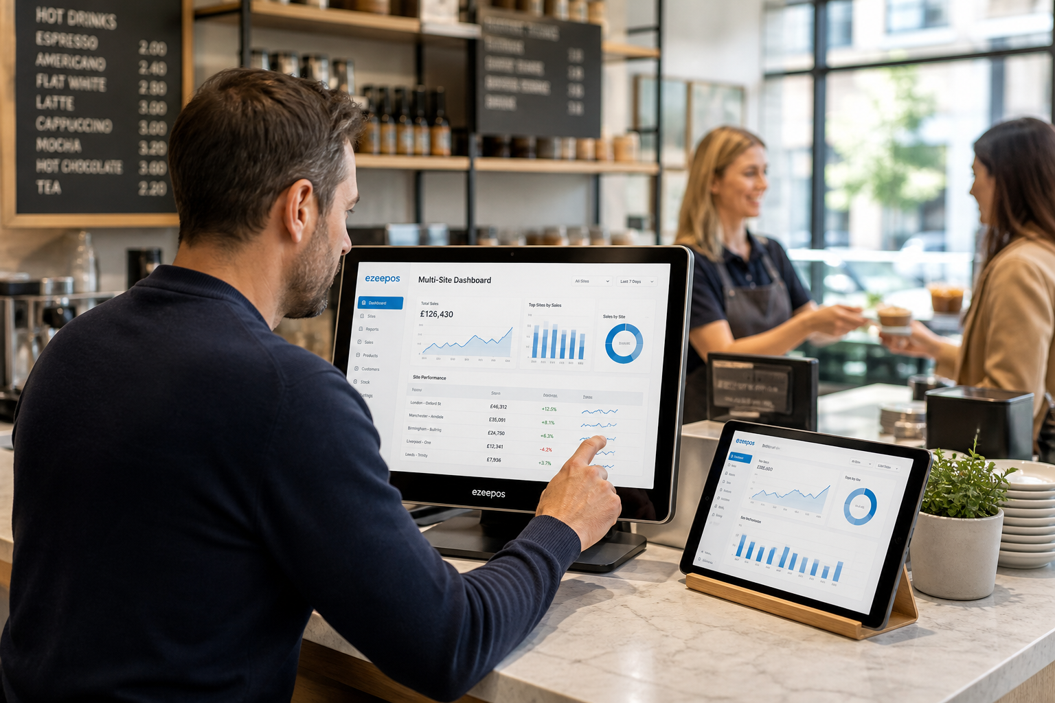 Why Multi-Site Reporting Matters for Growing Retail and Hospitality Businesses, photorealistic commercial photography style image for a UK hospitality and retail business group, showing a smart modern cafe or small retail office counter with a business owner reviewing a multi-site sales dashboard on a touchscreen EPOS terminal and tablet, visible charts comparing several locations, subtle blue brand accents on the interface, a friendly staff member serving customers in the background, clean counter area, natural daylight, shallow depth of field, premium but realistic composition, warm professional atmosphere, modern touchscreen till system clearly in focus, suitable as a WordPress featured image for an ezeepos blog post about comparing performance across multiple sites and making better business decisions.