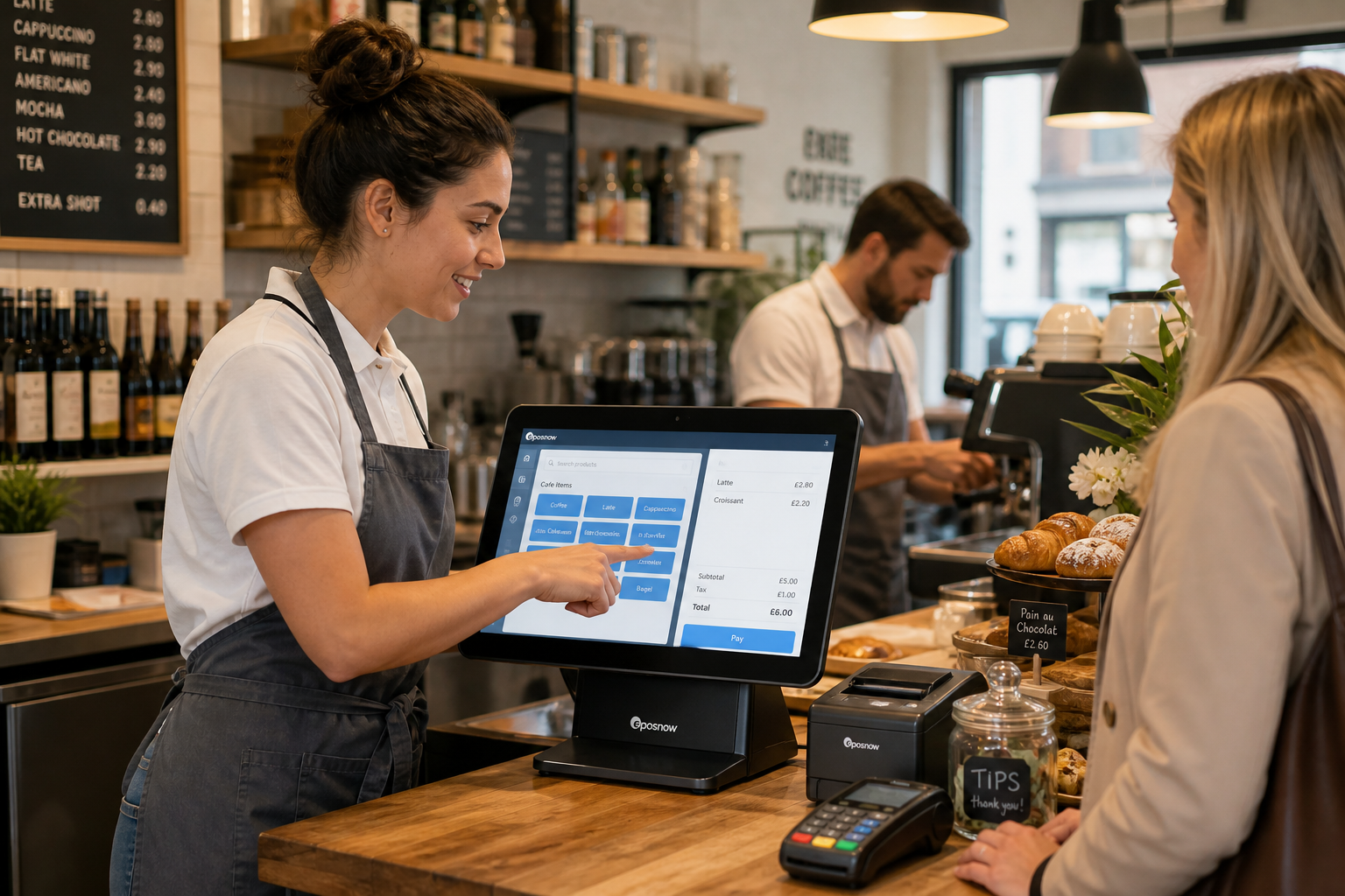 What to Consider When Choosing a Touchscreen Till for a Busy Counter in a realistic UK retail or hospitality setting: a warm, modern independent cafe or small shop counter during a busy service period, with a clear touchscreen POS terminal at the centre, a staff member using the screen confidently while serving a customer, a tidy counter with a card terminal and receipt printer nearby, subtle blue interface accents on the screen, clean professional branding details, natural daylight, shallow depth of field, photorealistic commercial photography style, premium but realistic composition, friendly service atmosphere, and the touchscreen till clearly shown as the focus of the scene for a WordPress featured image.