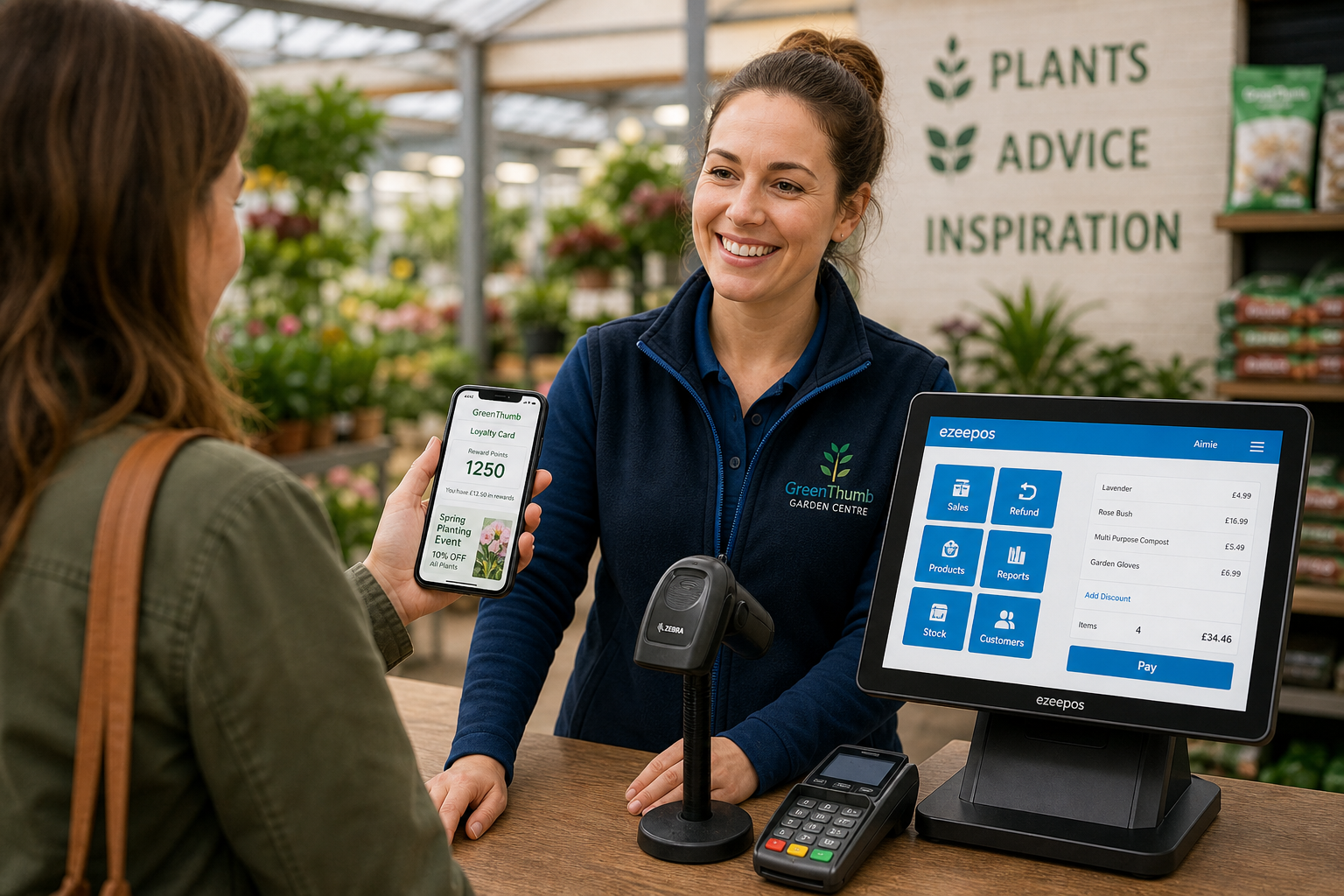 Customer Loyalty Ideas for Garden Centres: Simple Ways to Encourage Repeat Visits - A photorealistic commercial photography style image of a modern UK garden centre checkout counter with a friendly staff member serving a returning customer who is holding a smartphone showing a digital loyalty card, reward points and a simple seasonal offer on screen, with an ezeepos-style touchscreen POS terminal clearly visible beside a barcode scanner and card payment terminal, subtle blue brand accents on the interface and uniforms, clean counter area, natural lighting, shallow depth of field, warm professional atmosphere, realistic plants and garden products softly visible in the background, premium but relatable composition suitable for a WordPress featured image, technology and customer engagement as the clear focus.