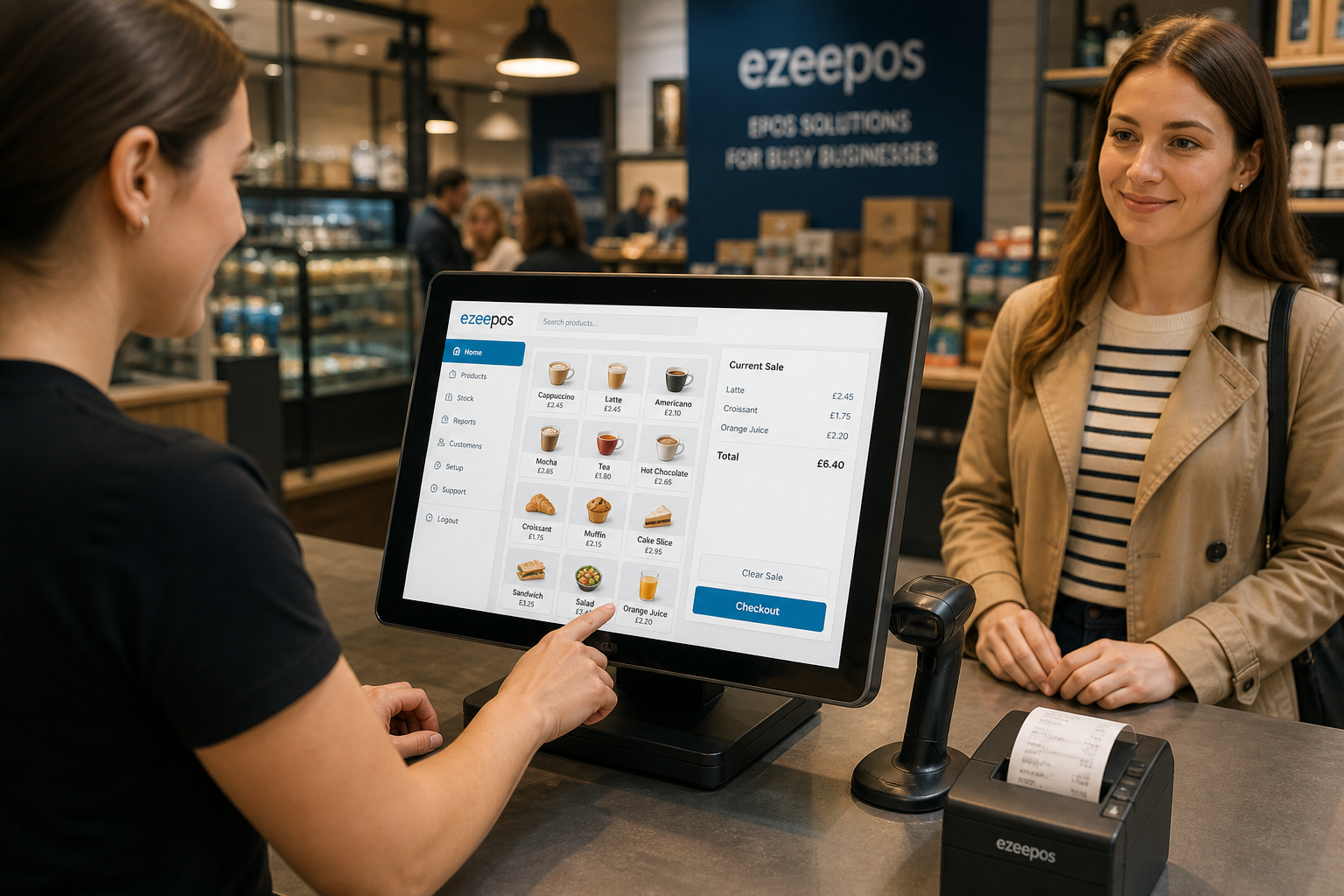 Reducing Queues at the Checkout: Practical EPOS Tips for Busy UK Businesses, photorealistic commercial photography style, a warm modern UK retail counter scene during a busy trading period with a touchscreen EPOS till prominently displayed, a staff member processing a sale efficiently while a customer waits calmly nearby, clear product buttons and a tidy checkout layout visible on the screen, subtle blue brand accents in the interface and signage, clean counter area, realistic barcode scanner and receipt printer nearby, natural lighting, shallow depth of field, premium but realistic composition, professional blog hero image for ezeepos, showing how a well-organised EPOS setup helps reduce queues and keep service moving in a busy shop or cafe, no clutter, no abstract graphics, no exaggerated futuristic devices