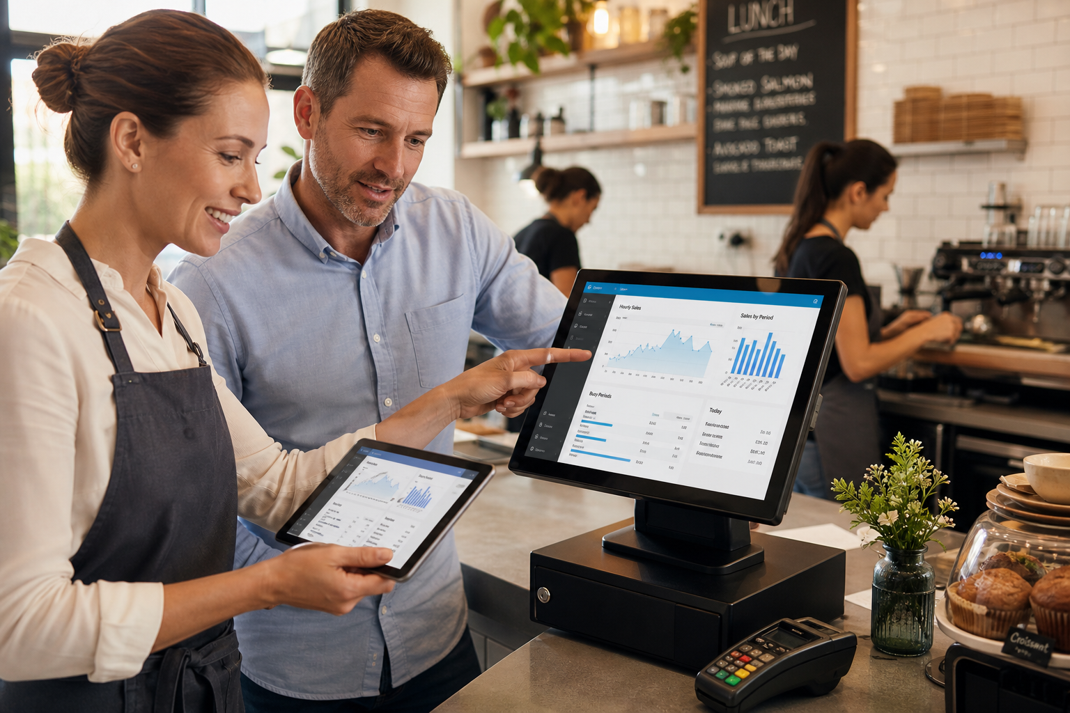 Using EPOS Reporting to Plan Better Staffing for Busy UK Businesses, photorealistic commercial photography style image of a modern UK café or small restaurant interior with a business owner and manager reviewing staffing and sales reports on a sleek touchscreen POS terminal and tablet at a clean counter, visible dashboard charts showing hourly sales patterns and busy periods, subtle blue interface accents on screen, warm natural lighting, shallow depth of field, friendly professional atmosphere, realistic staff in the background preparing for service, premium but authentic UK hospitality setting, the POS technology clearly in focus as the hero element, designed as a custom WordPress featured image for ezeepos, clean composition with no clutter, no fake logos, and a real-world business planning feel