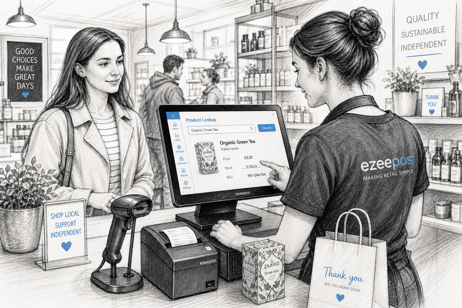 Why Product Lookup Helps Busy Retail Checkouts Stay Moving. Create a detailed black-and-white pencil and ink editorial blog illustration showing a realistic UK independent retail shop checkout during a busy moment, with a friendly staff member using a modern touchscreen EPOS terminal to search for a product on screen while a customer waits calmly at the counter. Include a barcode scanner, receipt printer, neatly arranged products, and a clean counter area with subtle blue accent details on the screen interface, buttons and a few small signage elements. The scene should feel like a professional ezeepos blog hero image, with warm modern lighting, shallow depth of field, clean hand-drawn linework, light shading, realistic business atmosphere, and the technology clearly as the focus; avoid clutter, avoid cartoon styling, avoid photorealism, and avoid unrelated scenery.