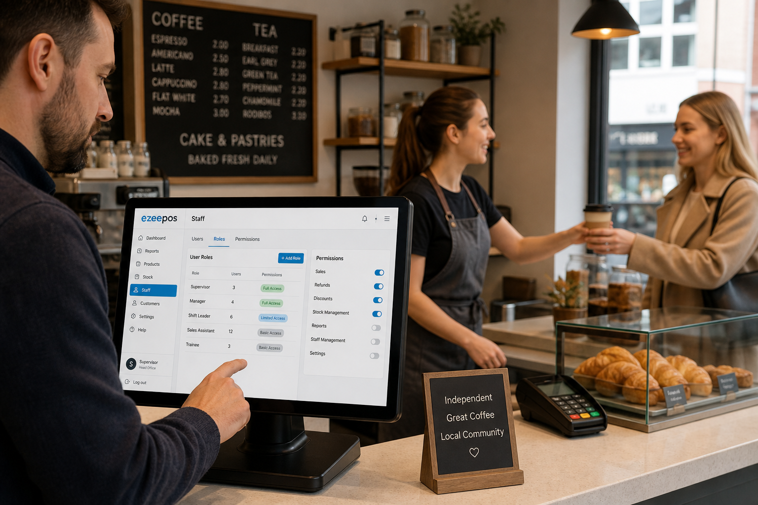Why Staff Permissions Matter in Busy EPOS Setups: a realistic marketing-style featured image for a UK retail or hospitality blog, showing a modern independent café or shop counter with a touchscreen EPOS terminal displaying user role settings and access levels, a supervisor quietly reviewing permissions while a staff member serves a customer nearby, subtle blue interface accents on the screen, clean counter area, warm natural lighting, shallow depth of field, premium but realistic commercial photography style, professional UK business environment, friendly and organised atmosphere, the EPOS software and staff workflow clearly visible as the focus, suitable for a WordPress featured image for ezeepos.