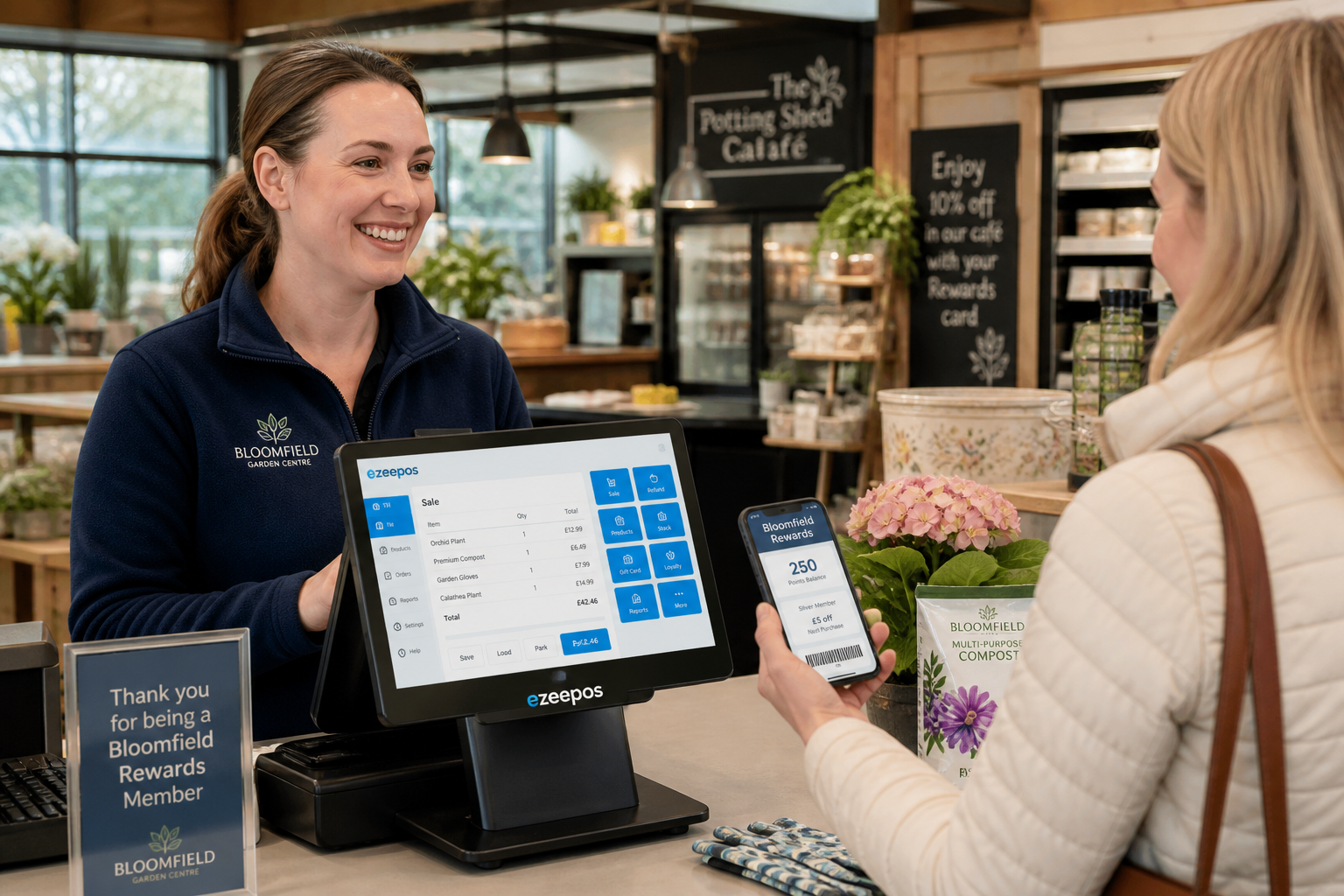 Customer Loyalty Ideas for Garden Centres: Simple Ways to Encourage Repeat Visits, photorealistic commercial photography style in a warm modern UK garden centre checkout area, a friendly staff member serving a returning customer at a clean counter with an ezeepos-style touchscreen POS terminal clearly visible, a smartphone loyalty wallet or digital rewards screen shown in the customer's hand, subtle blue brand accents on the interface and till screen, nearby seasonal plants, gift items and a small cafe-style backdrop suggesting repeat seasonal shopping, natural daylight, shallow depth of field, premium realistic composition, professional blog hero image for ezeepos focused on loyalty technology and customer engagement rather than scenery.