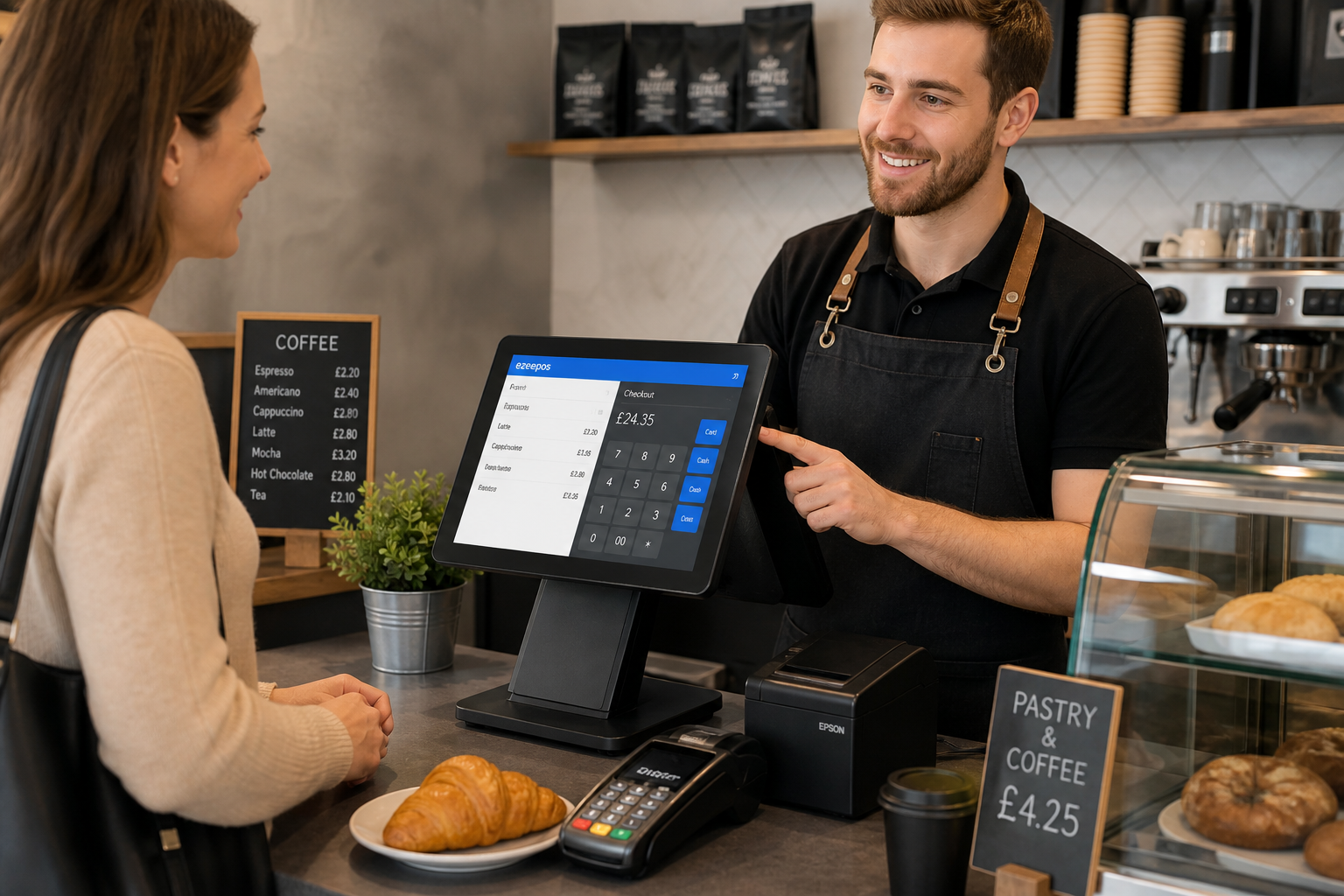 Choosing the Right Touchscreen Till for a Busy Counter: photorealistic commercial photography of a modern UK retail or hospitality counter during a busy but orderly service, with a friendly staff member using a sleek touchscreen EPOS terminal to serve a customer, a compact clean counter area, subtle blue interface accents on the screen, a card terminal and receipt printer nearby, realistic product or menu items visible depending on the setting, warm natural lighting, shallow depth of field, professional composition, premium but realistic style, clear focus on the touchscreen till and efficient service, suitable as a WordPress featured image for ezeepos, with no abstract background, no distorted logos, no clutter and no unrelated scenery.