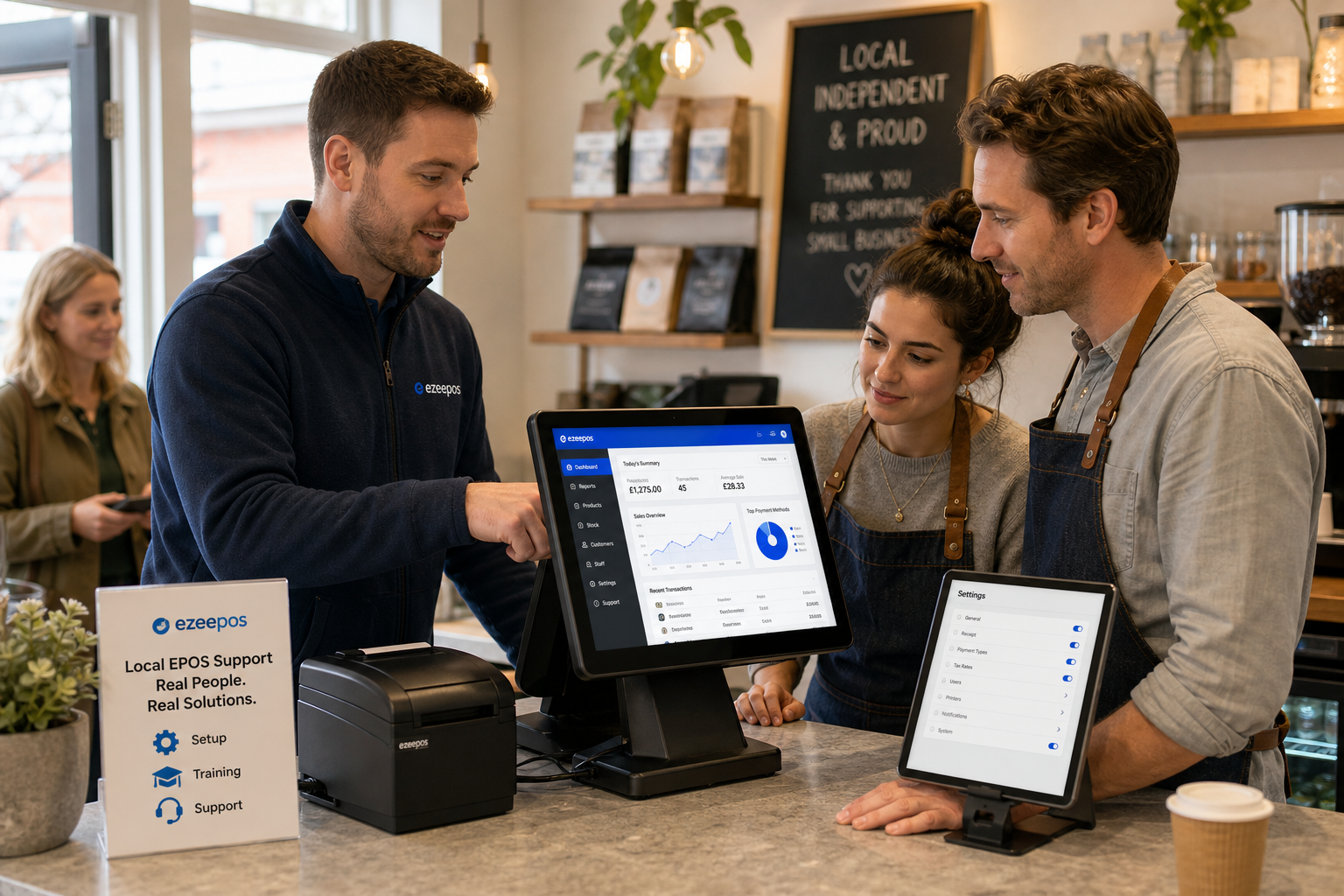 Why Local EPOS Support Still Matters for Growing UK Businesses. Photorealistic commercial photography style image of a warm, modern UK retail or hospitality business where a friendly EPOS specialist is helping a small business owner and staff member at a clean counter, showing a touchscreen POS terminal and tablet with a simple support dashboard, settings screen and reports visible, subtle blue brand accents on-screen and in nearby signage, natural window lighting, shallow depth of field, premium but realistic composition, professional blog hero image style for ezeepos, technology clearly the focus, calm and helpful atmosphere, realistic counter area with till, receipt printer and a customer waiting politely in the background, suitable for independent retail or cafe support and training, no exaggerated futuristic devices, no clutter, no abstract background, no cartoon style.