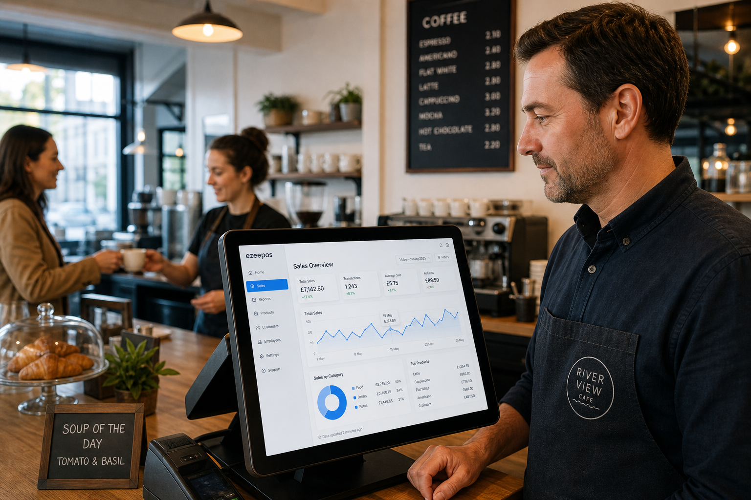 How Better Reporting Helps Small Hospitality Businesses Make Smarter Daily Decisions, photorealistic commercial photography of a UK independent cafe owner standing beside a modern touchscreen EPOS terminal reviewing clear sales reporting charts on the screen, with a relaxed café counter in the background, a friendly staff member serving a customer, subtle blue interface accents on the report dashboard, warm natural window light, clean counter area, shallow depth of field, premium realistic composition, professional blog hero image for ezeepos, focused on practical hospitality decision-making and readable reporting visuals, modern British cafe environment, realistic touchscreen till and tablet-style reporting view, no exaggerated futuristic elements, no clutter, natural candid business atmosphere