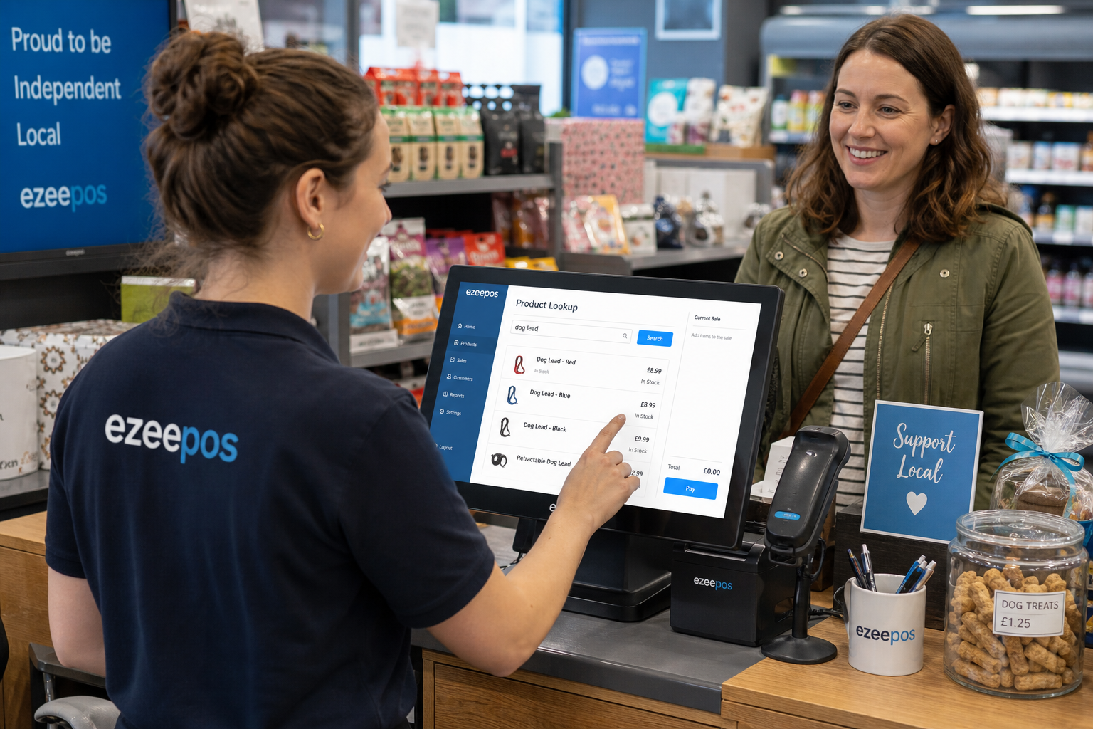Why Product Lookup Helps Independent Retail Checkouts Stay Moving, realistic photorealistic commercial photography of a UK independent retail shop counter during a busy afternoon, with a friendly staff member using a modern touchscreen EPOS terminal to quickly search for a product lookup while serving a customer waiting at the till, clean counter area with barcode scanner, small display of mixed retail products such as gift items, pet supplies and convenience goods in the background, subtle blue brand accents on the screen interface and shop signage, warm natural lighting, shallow depth of field, premium but realistic composition, professional blog hero image for ezeepos, technology clearly central to the scene, customer service focused, modern British retail environment
