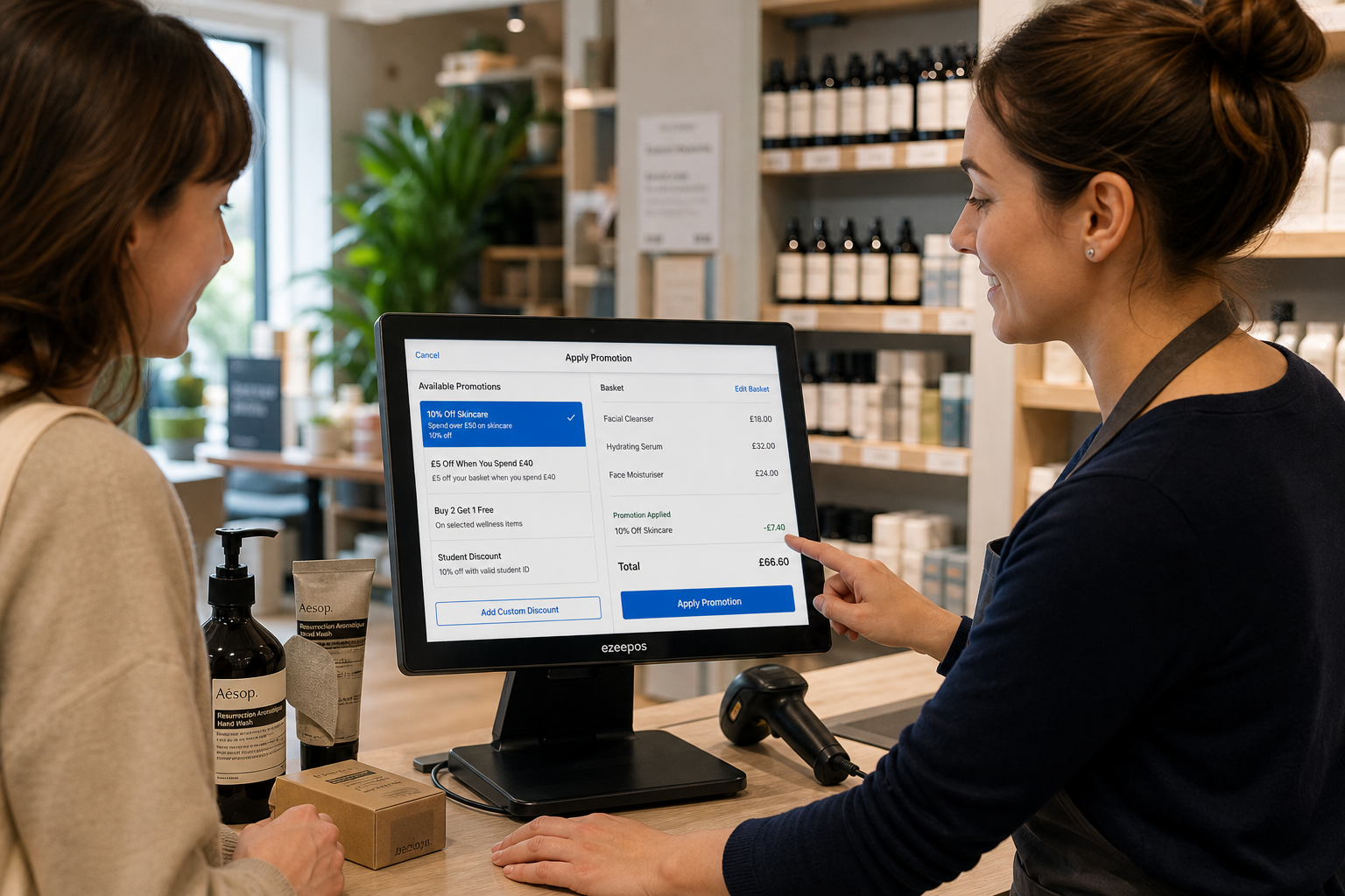 Promotions and Discounts in EPOS: A Simpler Way to Run Retail Offers, a photorealistic commercial photography style image in a modern UK independent retail shop with a clean counter, touchscreen EPOS terminal showing a simple promotion screen with subtle blue interface accents, a staff member applying a discount for a customer at the checkout, nearby products and a barcode scanner neatly positioned on the counter, warm natural lighting, shallow depth of field, premium realistic composition, friendly professional atmosphere, clear focus on the till workflow and offer management, suitable as a WordPress featured image for an ezeepos blog post about making retail promotions and discounts easier to manage.