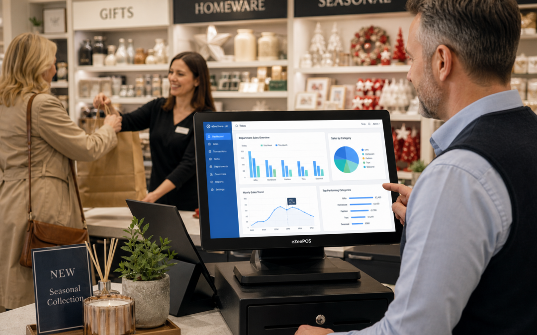 Why Multi-Department Retail Needs Better EPOS Reporting: a realistic photorealistic commercial photography scene inside a modern UK multi-department retail shop with a clean, well-lit counter area, a friendly shop manager reviewing sales dashboard charts on an eZeePOS-style touchscreen POS terminal while a staff member serves a customer nearby, visible screens showing clear department sales graphs, busy time trends and category performance with subtle blue interface accents, shelves in the background featuring mixed retail departments such as gifts, homeware and seasonal products, professional natural lighting, shallow depth of field, premium but realistic composition, warm UK retail atmosphere, technology clearly the focus, suitable as a WordPress featured image for ezeepos.