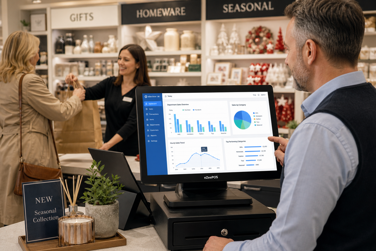 Why Multi-Department Retail Needs Better EPOS Reporting: a realistic photorealistic commercial photography scene inside a modern UK multi-department retail shop with a clean, well-lit counter area, a friendly shop manager reviewing sales dashboard charts on an eZeePOS-style touchscreen POS terminal while a staff member serves a customer nearby, visible screens showing clear department sales graphs, busy time trends and category performance with subtle blue interface accents, shelves in the background featuring mixed retail departments such as gifts, homeware and seasonal products, professional natural lighting, shallow depth of field, premium but realistic composition, warm UK retail atmosphere, technology clearly the focus, suitable as a WordPress featured image for ezeepos.