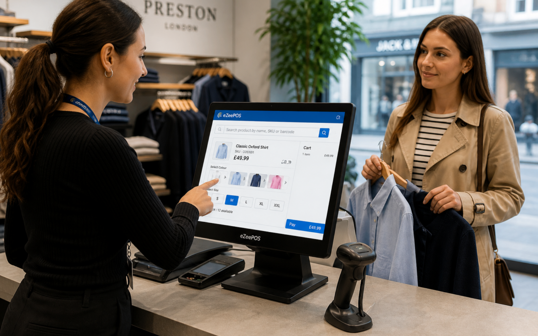 Why Product Lookup Matters for Busy Fashion and Clothing Shop Checkouts, a photorealistic commercial photography style image of a modern UK fashion and clothing shop checkout with a clean counter area, a friendly staff member using a sleek eZeePOS-style touchscreen POS terminal to quickly search for a product variant while serving a customer holding two clothing items, a barcode scanner resting beside the till, subtle blue brand accents on the screen interface, neatly merchandised apparel in the softly blurred background, natural window lighting, shallow depth of field, premium but realistic composition, professional blog hero image feel, clearly focused on fast product lookup for size and colour variants, calm busy retail atmosphere, realistic details suitable for a WordPress featured image.